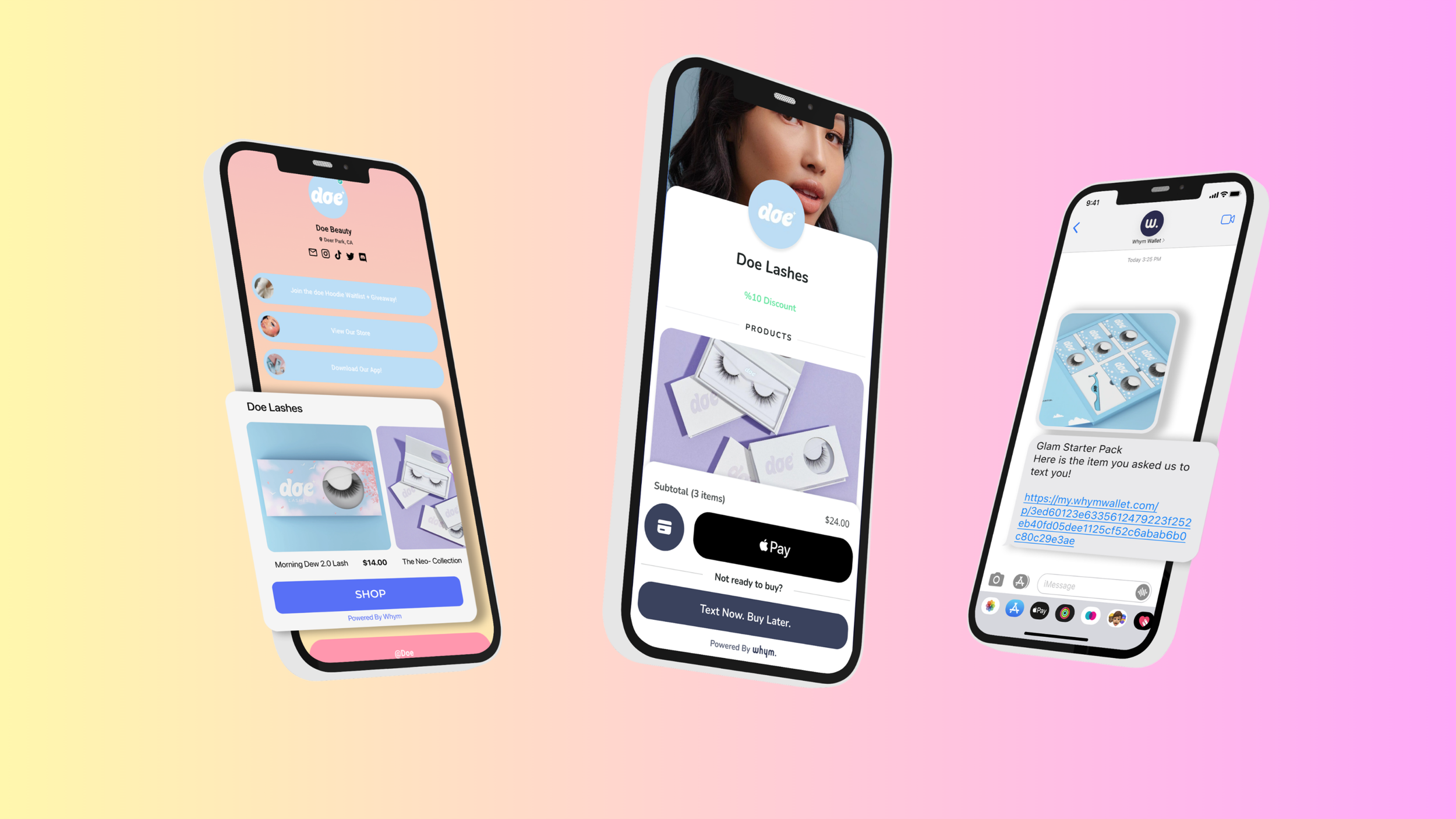 Three tilted phone mockups showing a Doe Beauty Whym storefront, checkout screen and text-me-this-item message