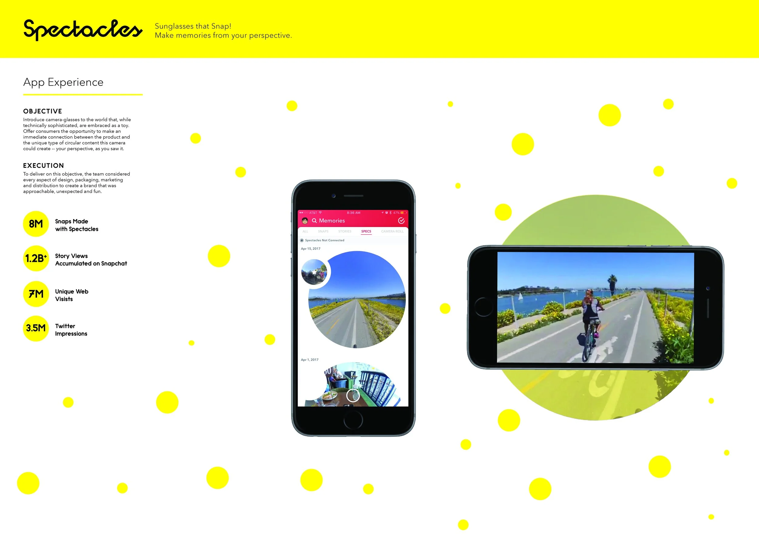 Spectacles App Experience board with an iPhone showing the Snapchat Memories SPECS tab of circular videos