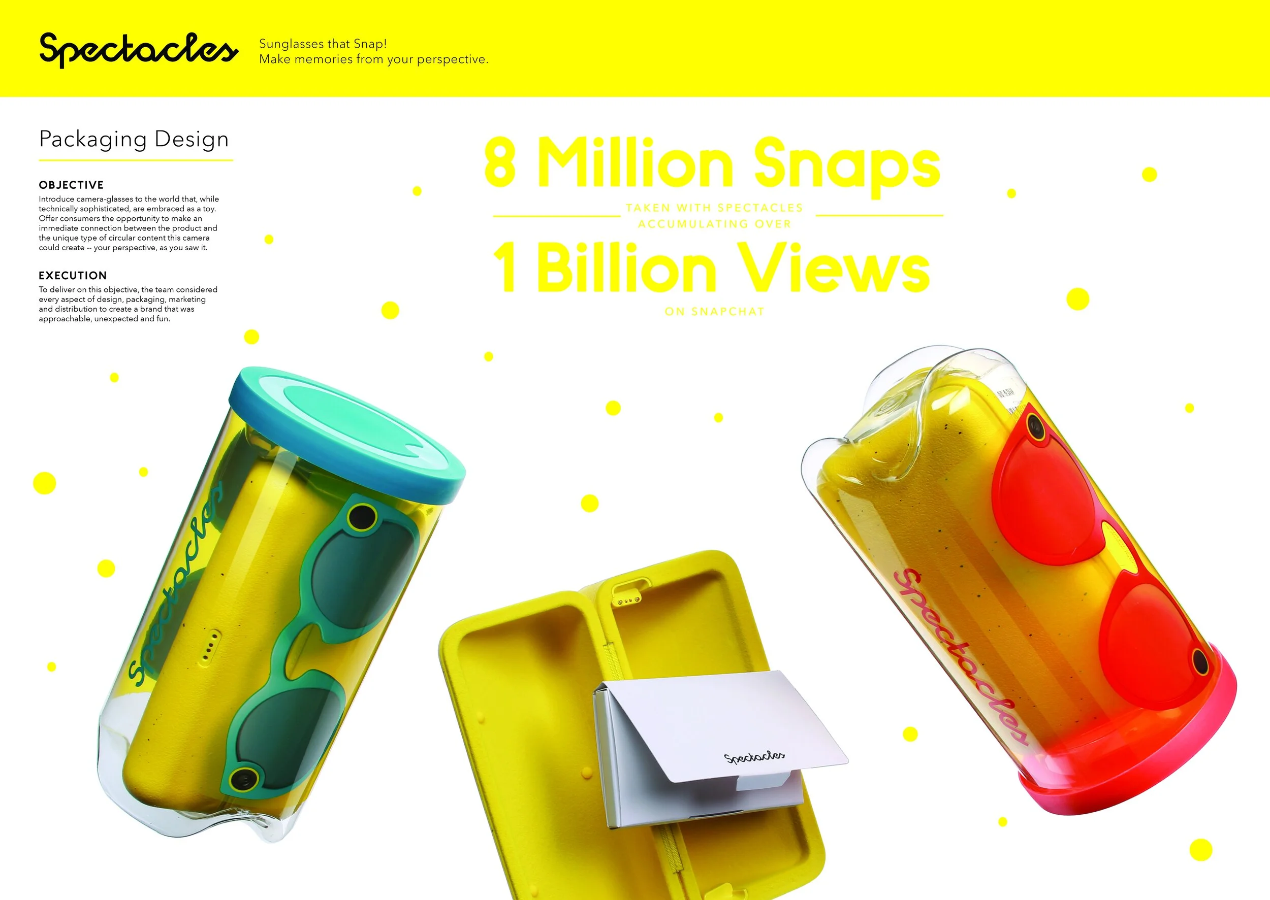 Spectacles Packaging Design slide: teal and coral camera sunglasses sealed in clear tubes with a yellow charging case