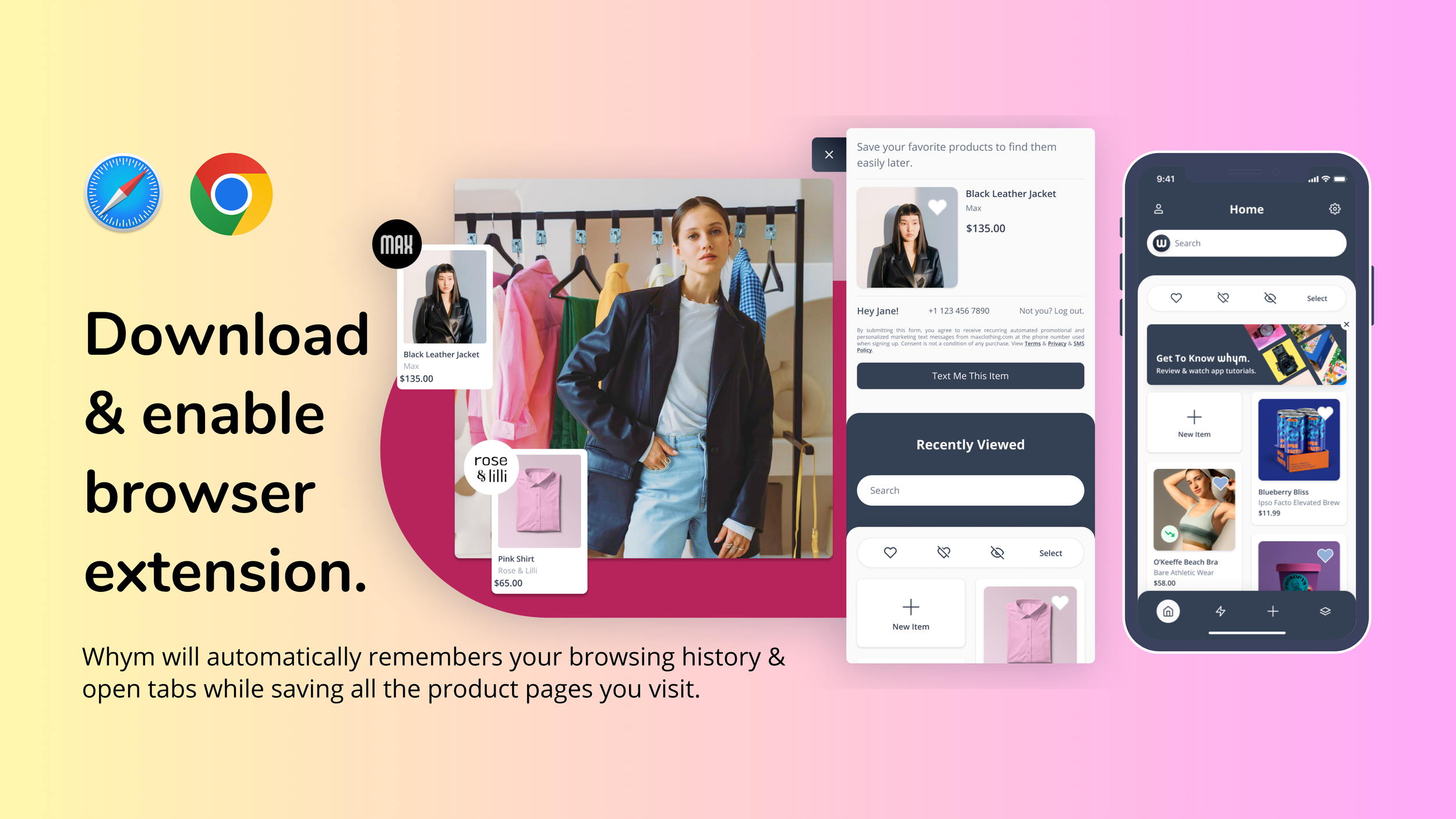 Slide reading "Download & enable browser extension" with Safari and Chrome icons, a shopper at a clothing rack, and Whym app screens saving a Black Leather Jacket and Pink Shirt