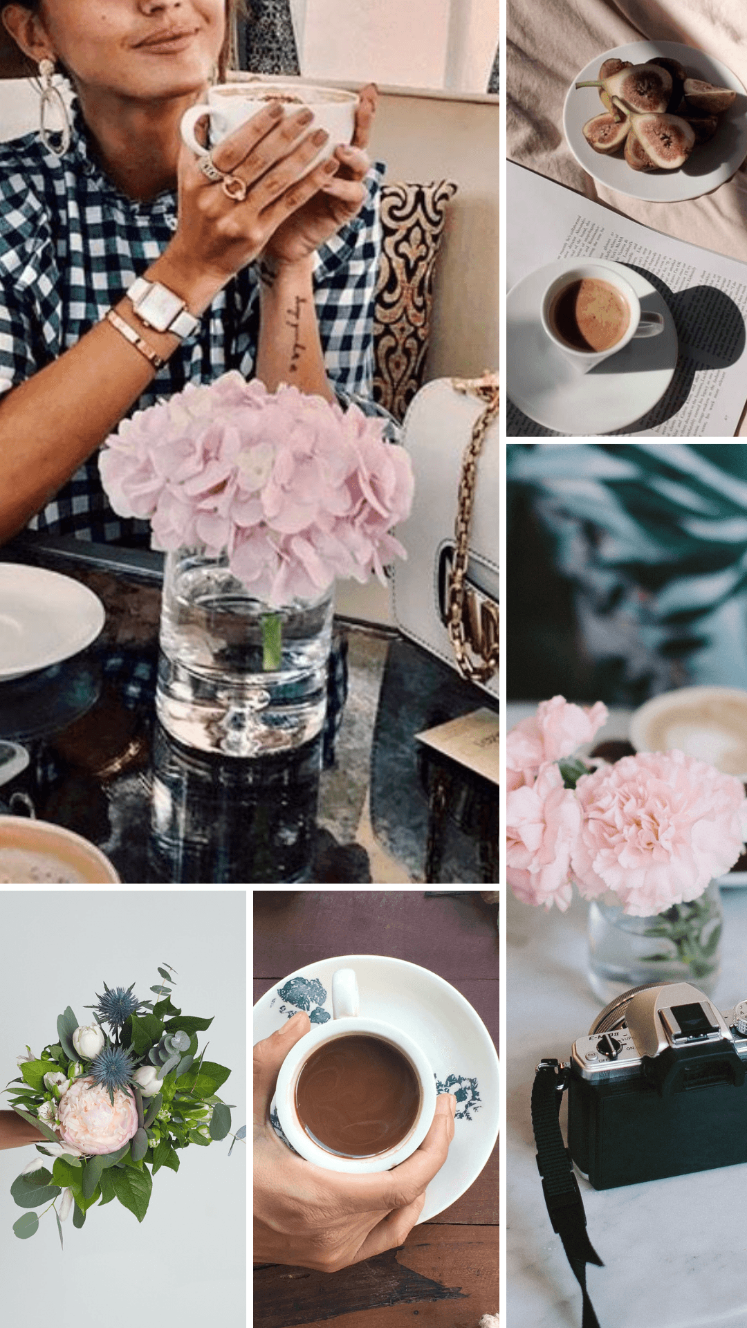 Petalfox social collage: woman holding a mug, pink hydrangeas in a vase, figs, espresso, a camera, and pink carnations.