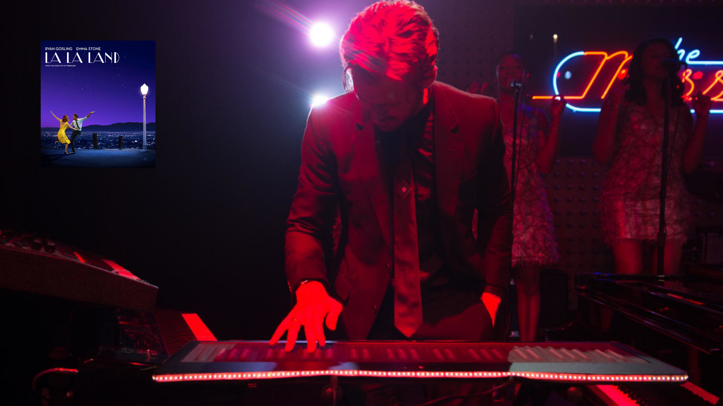 Man in red stage light playing a ROLI Seaboard keyboard with backup singers; La La Land movie poster inset.