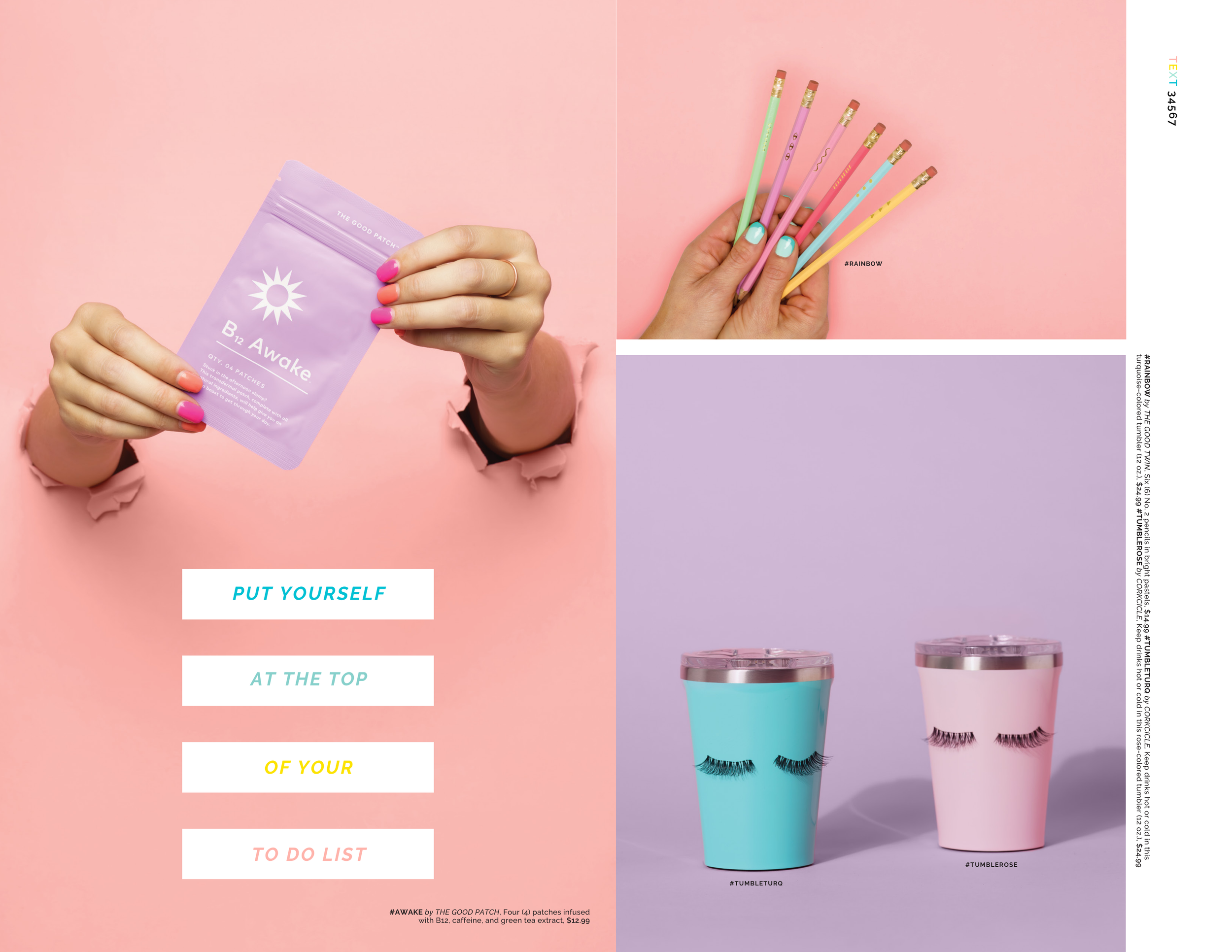 Whym catalog: hand holding a purple B12 Awake patch pack, pastel pencils, and teal and pink lash-print tumblers