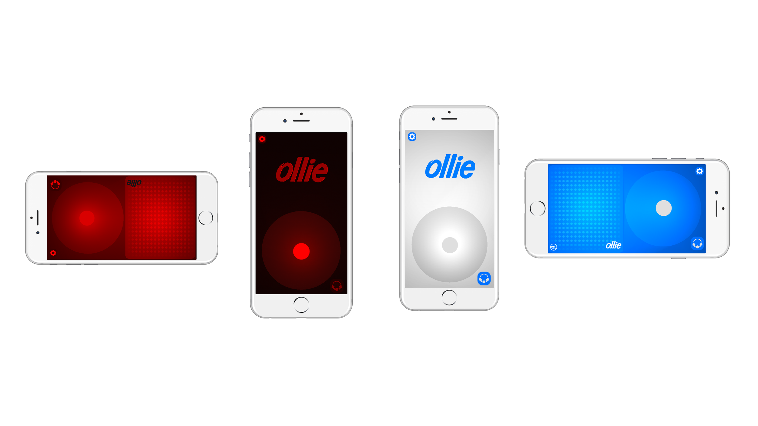 Four iPhones showing the Sphero Ollie app driving controls in red, black, and blue color themes