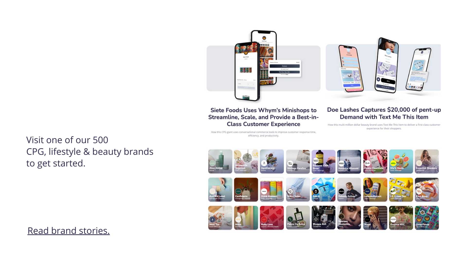 Whym slide: 'Visit one of our 500 CPG, lifestyle & beauty brands', Siete Foods and Doe Lashes case-study phones, brand grid.