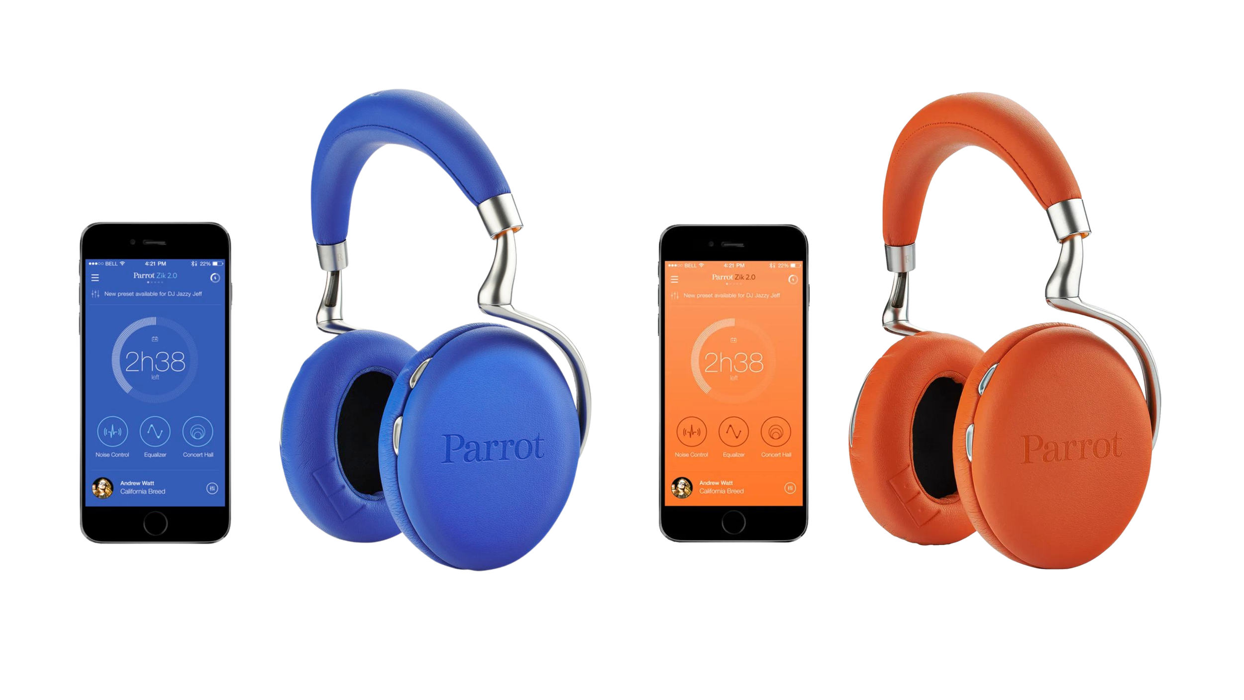 Parrot Zik 2.0 headphones in blue and orange, each beside a phone showing the companion app.