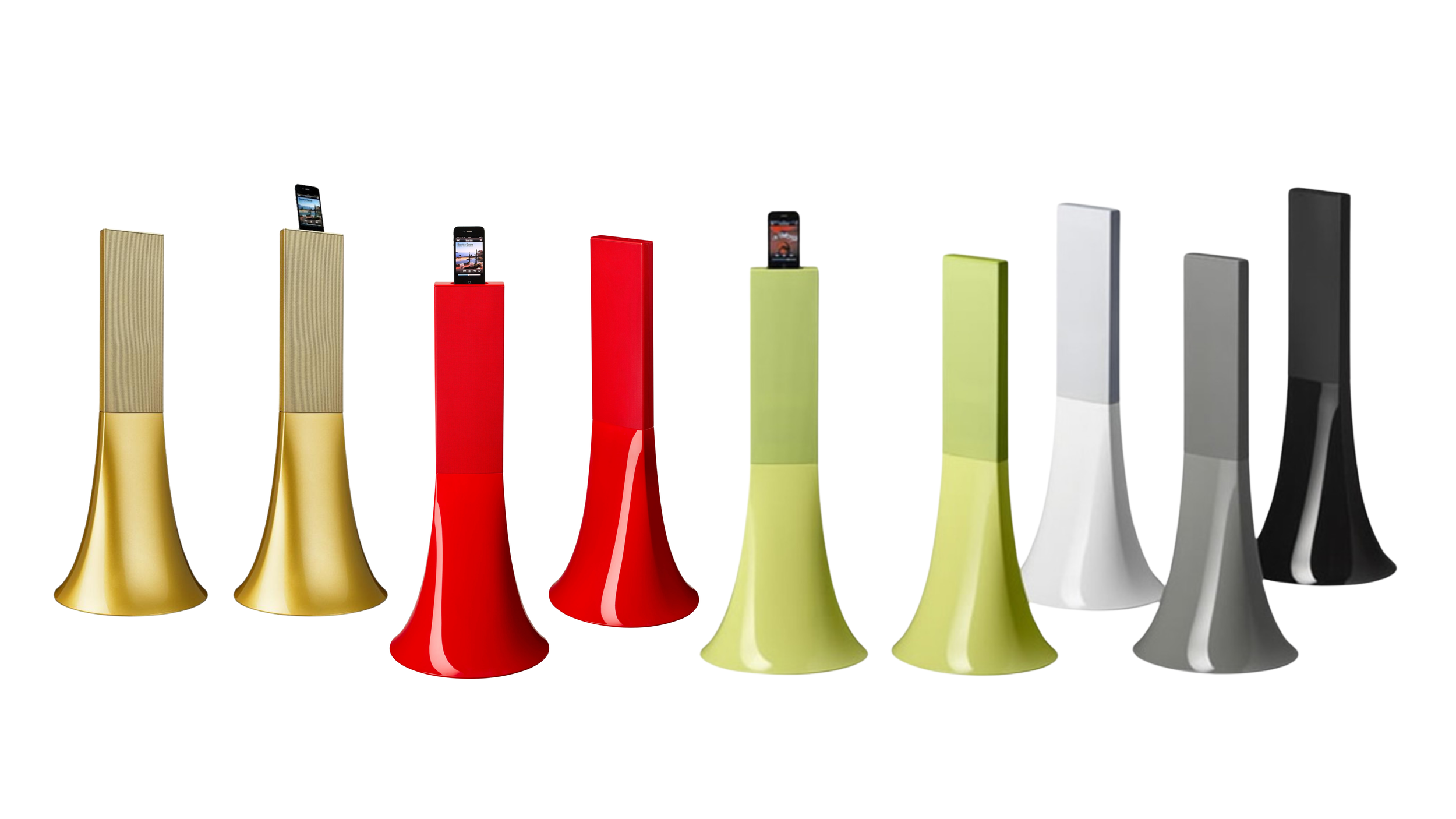Row of Zikmu tower speakers in gold, red, green, white, gray and black, some docking an iPhone at top