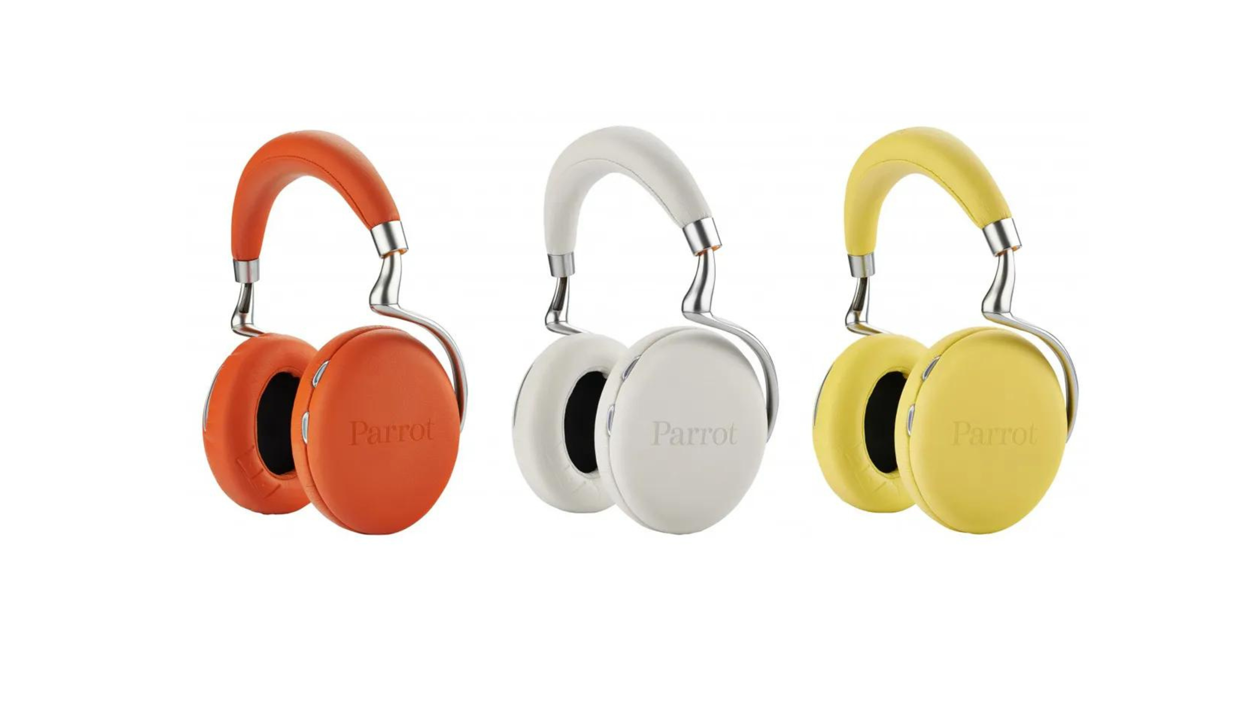 Three Parrot Zik headphones in orange, white and yellow, each with a chrome headband arm.