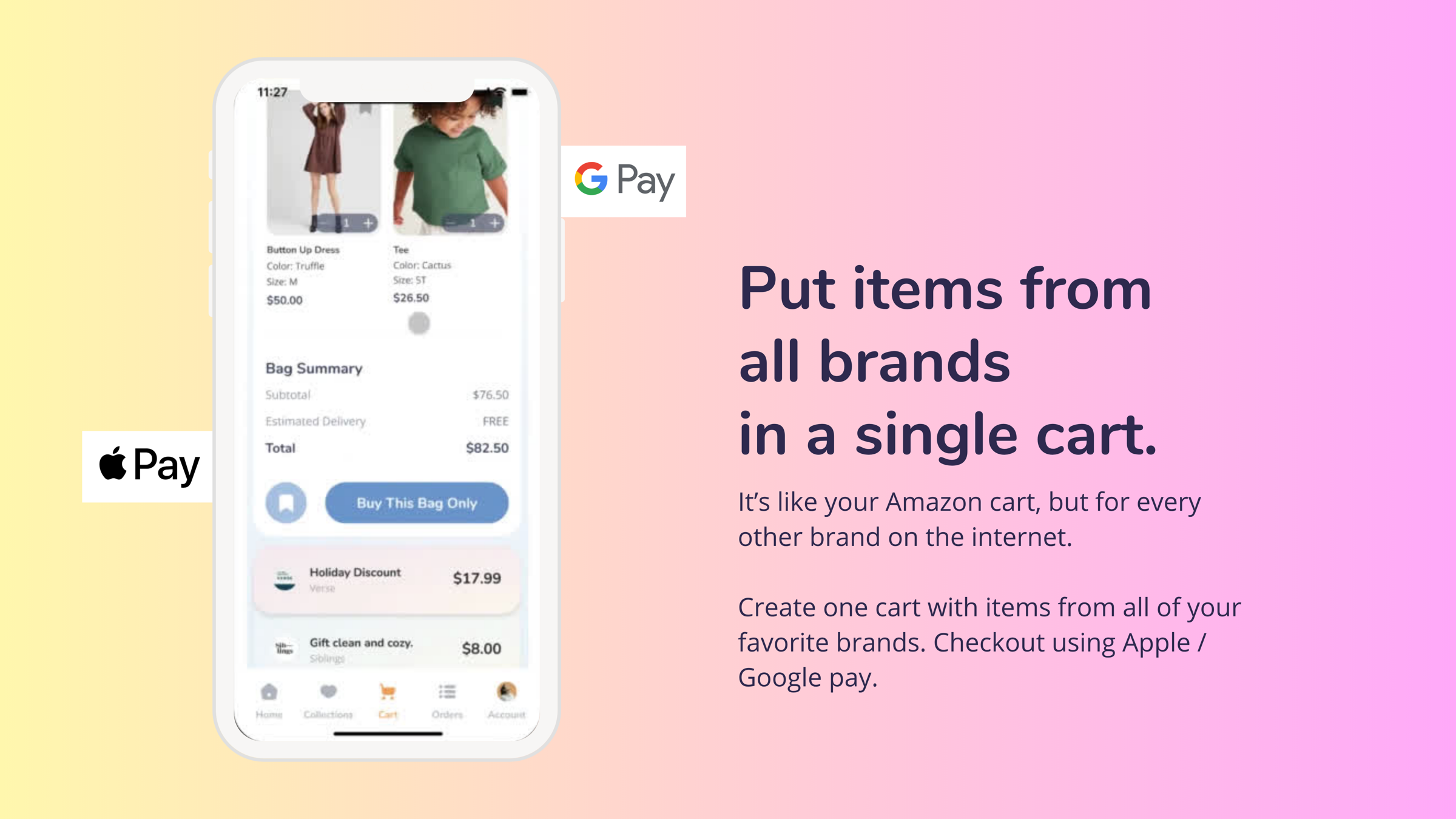 Whym cart screen with a Button Up Dress and green Tee, Bag Summary totaling $82.50 and a "Buy This Bag Only" button, beside Apple Pay and Google Pay logos