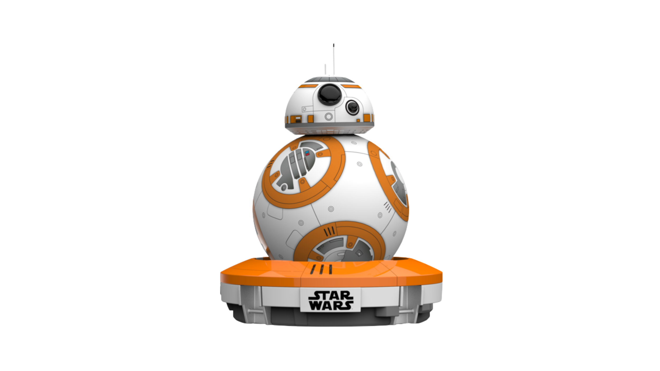 Sphero BB-8 app-enabled droid, a white and orange rolling ball robot with a domed head, resting on its charging base marked Star Wars