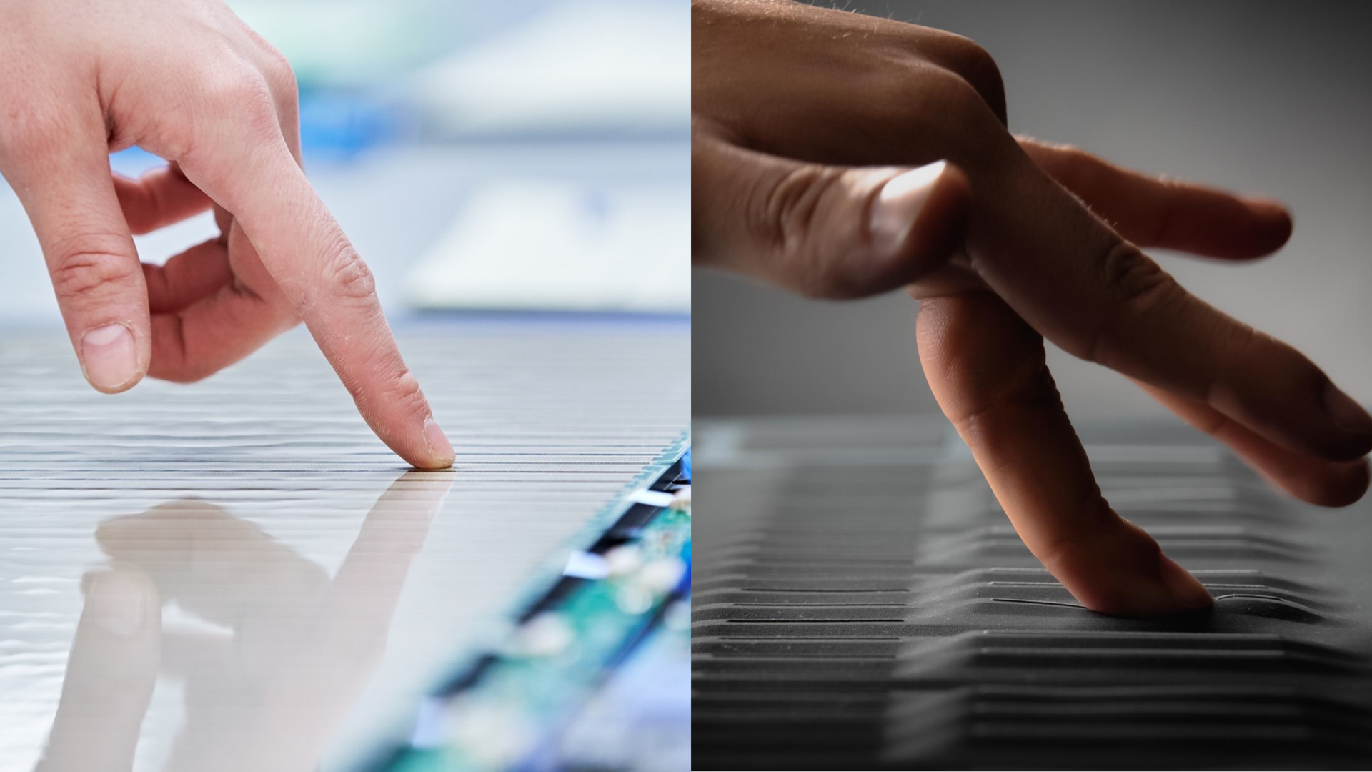 Two close-ups of a finger pressing into the soft ridged keywave surface of a ROLI Seaboard.