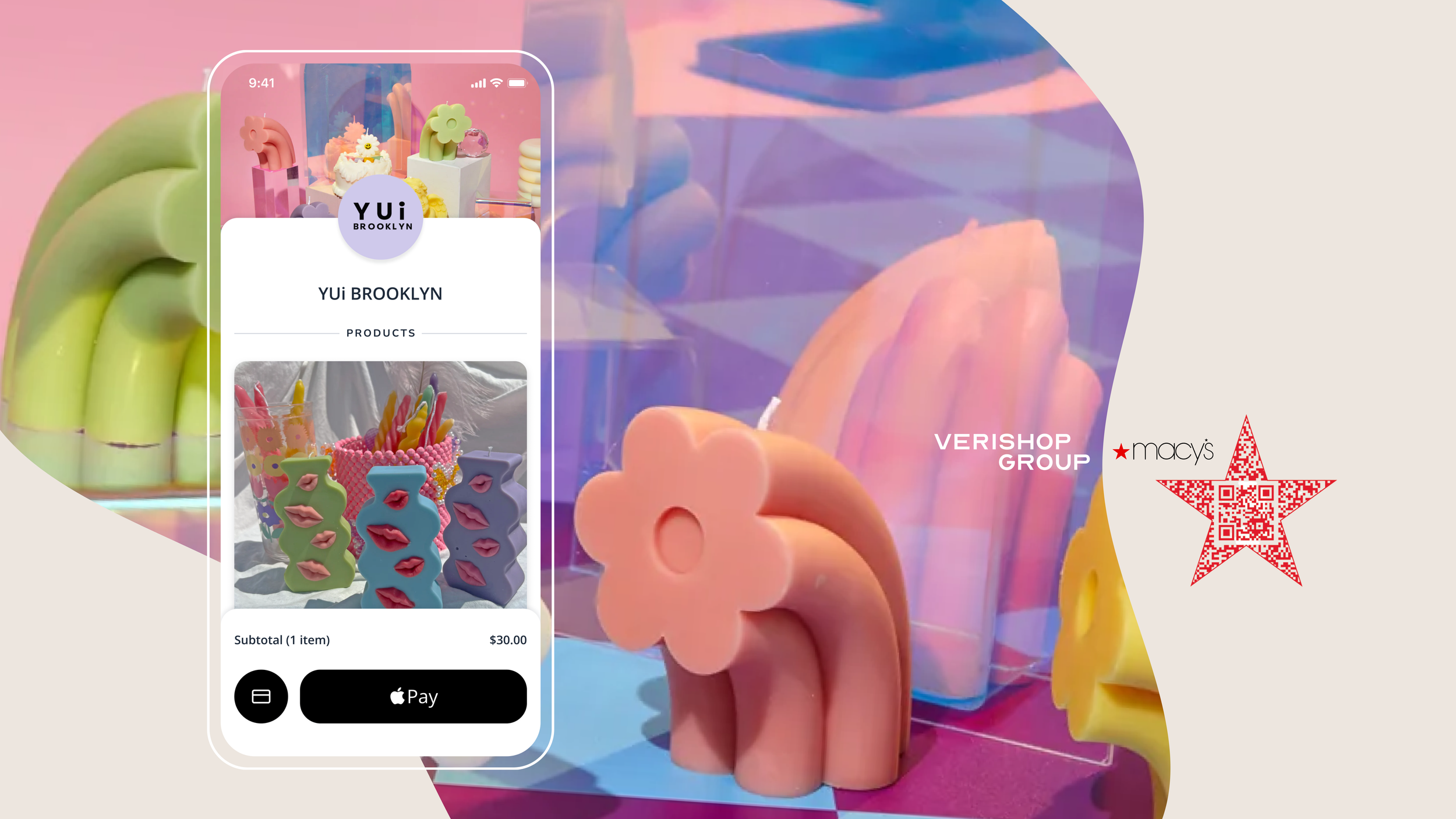 Phone checkout screen for YUi Brooklyn wavy candles with Apple Pay, over pastel candle photos, Verishop Group and Macy's logos and a QR star