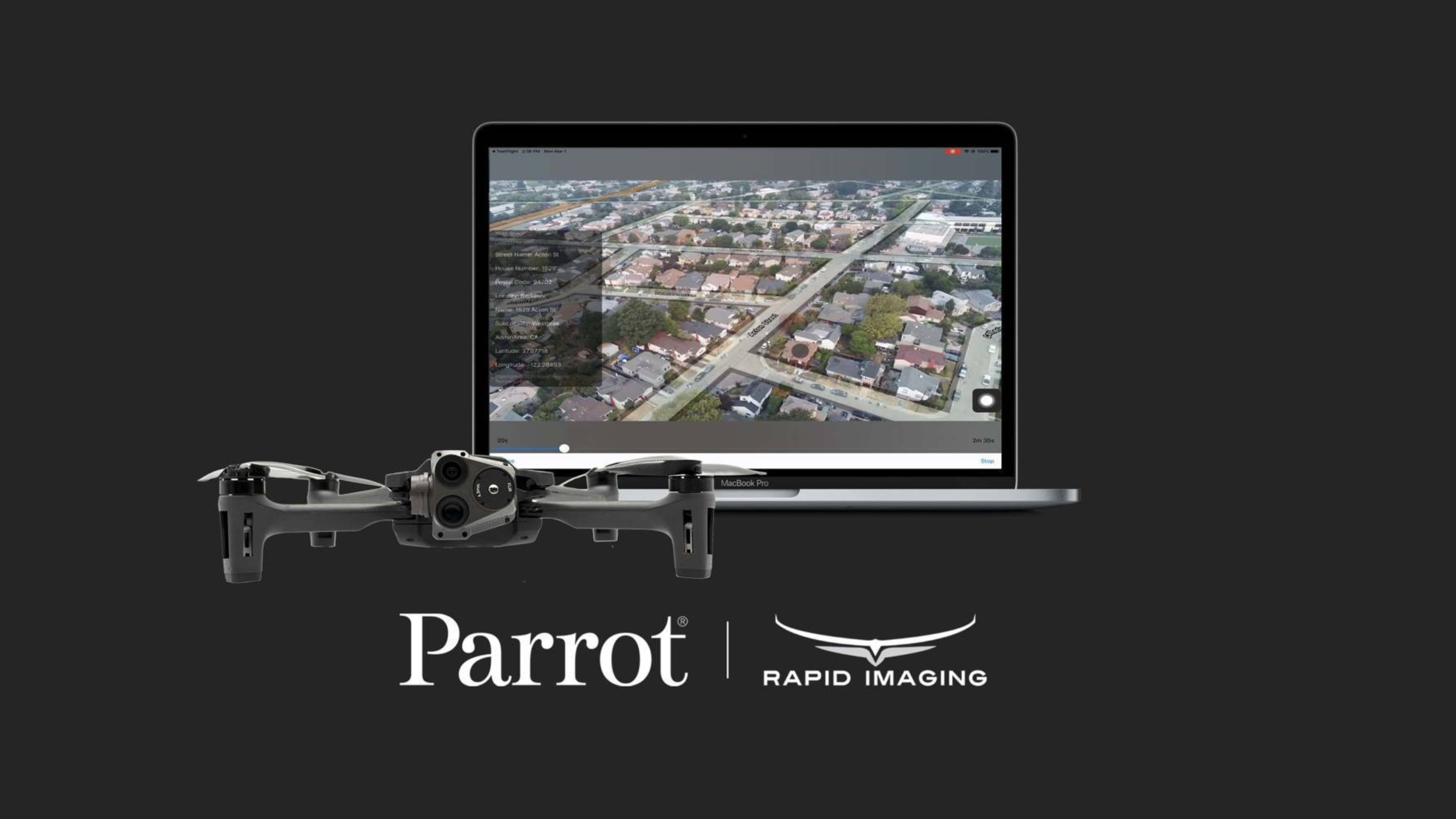 Parrot ANAFI drone in front of a MacBook Pro showing aerial neighborhood footage with street and GPS data overlay; Parrot and Rapid Imaging logos below