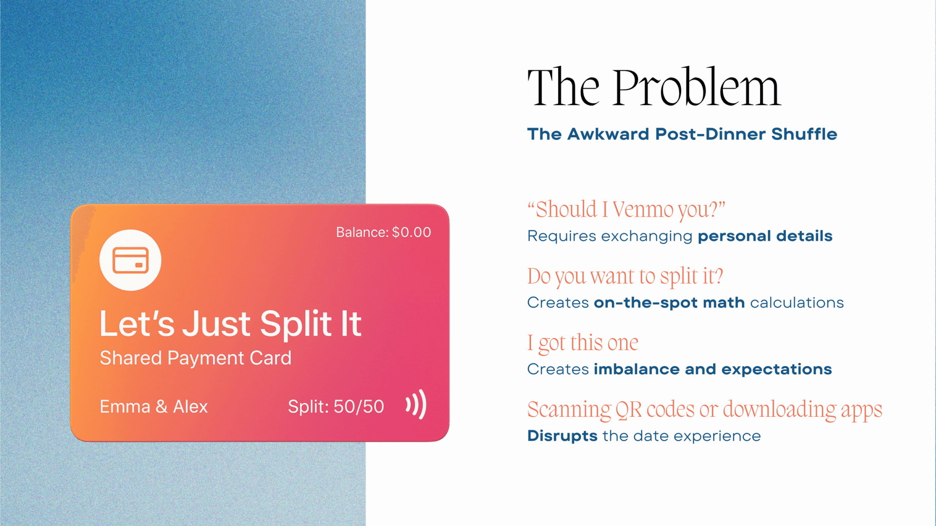 Pitch slide titled "The Problem" with a pink "Let's Just Split It" shared payment card and list of awkward bill-splitting scenarios
