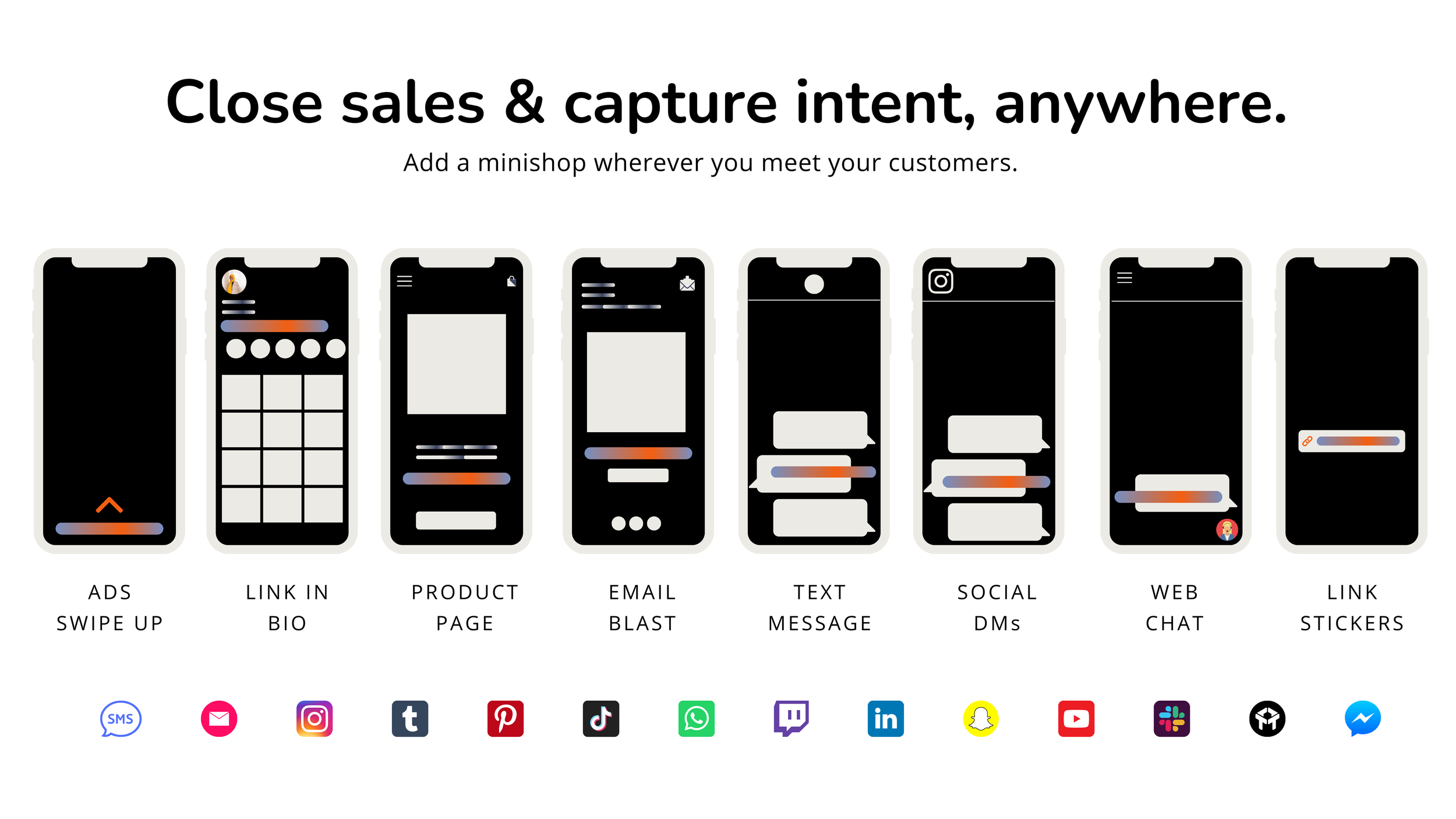 'Close sales & capture intent, anywhere' slide with eight phone mockups: ads, link in bio, email, DMs, web chat