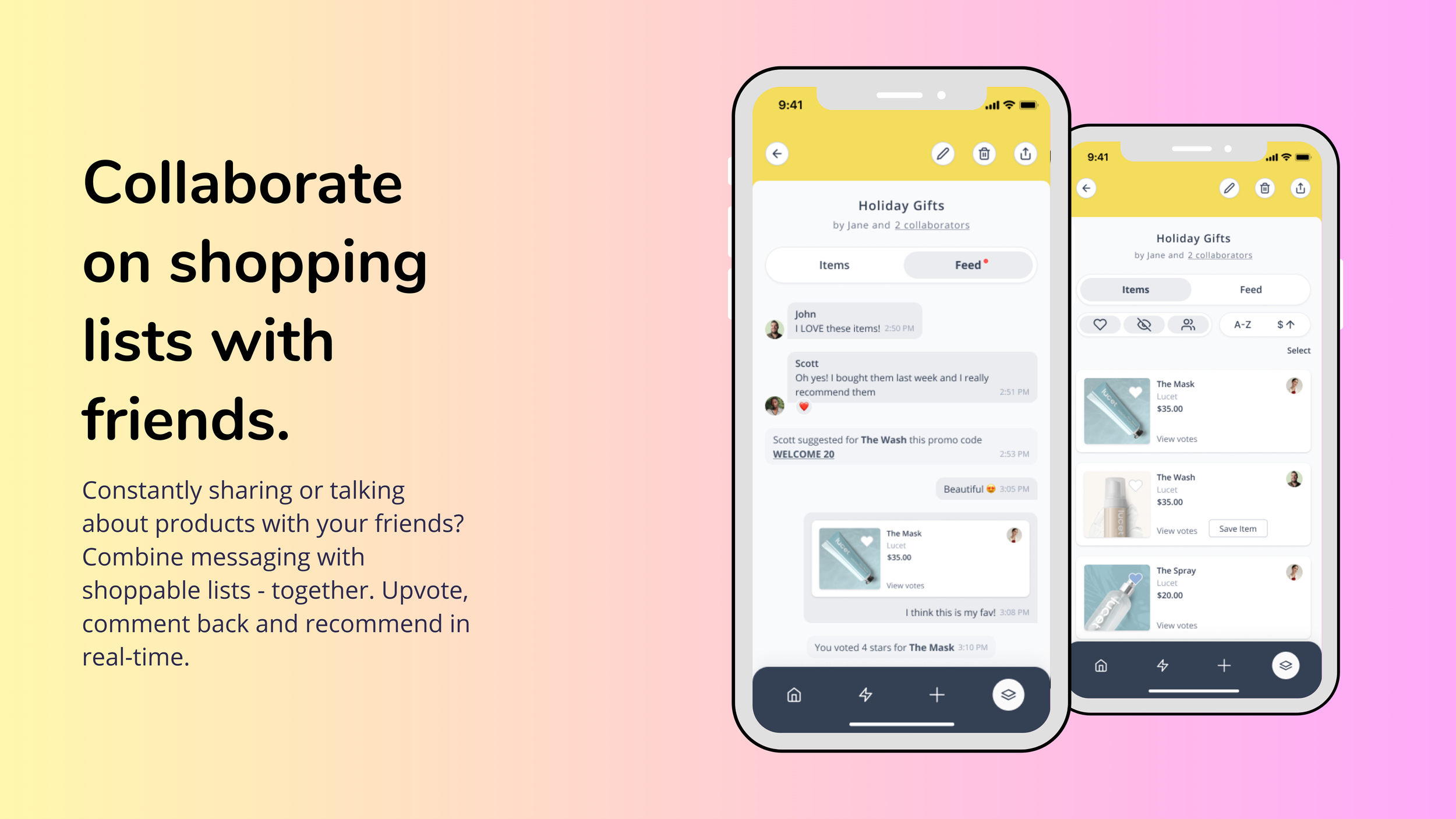 Two Whym phones under "Collaborate on shopping lists with friends": a Holiday Gifts chat feed with messages and votes, and an items list of Lucet skincare products