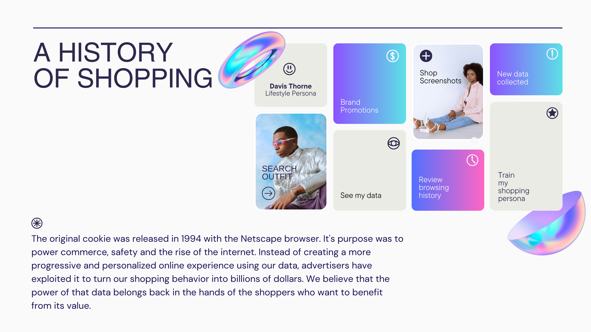 Slide "A History of Shopping" with a grid of gradient app tiles, model photos and a paragraph on cookies and shopping data