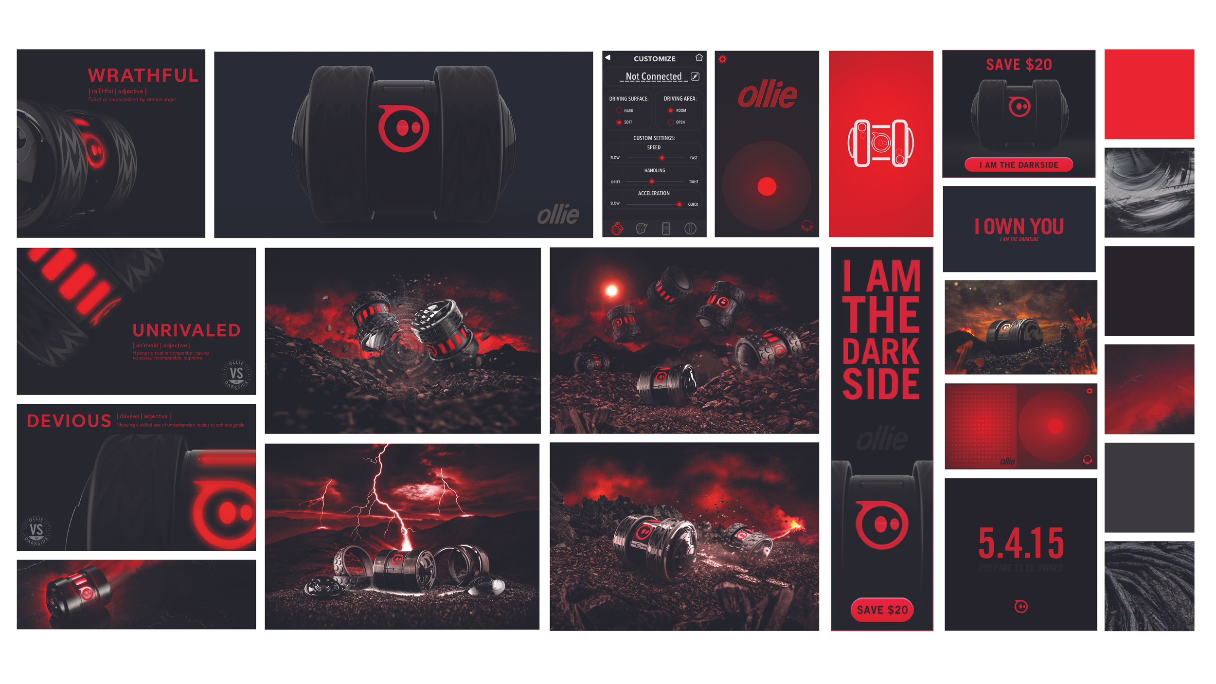 Red-and-black 'Ollie vs Darkside' campaign board with ad frames, app screens, and words Wrathful, Unrivaled, Devious.