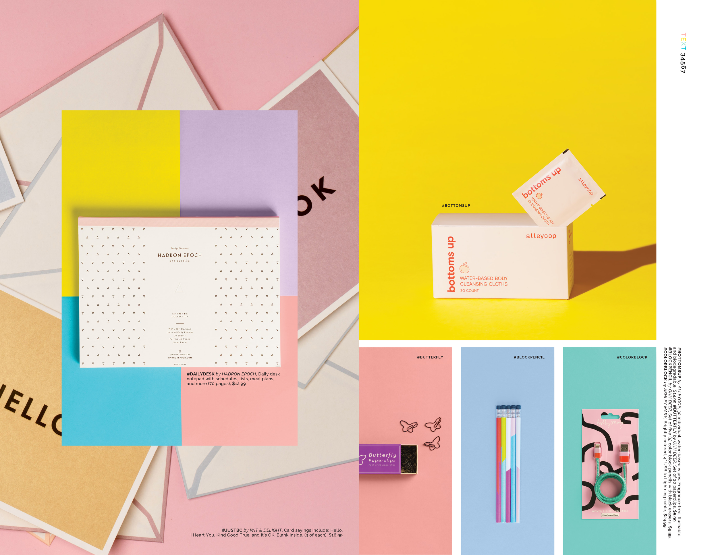 Whym catalog spread: Hadron Epoch daily planner on pastel envelopes, alleyoop wipes box, paperclips, pencils, cable