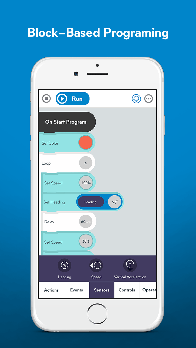 Phone showing Sphero block-based programming: On Start Program with Set Color, Loop, Set Speed, Set Heading blocks