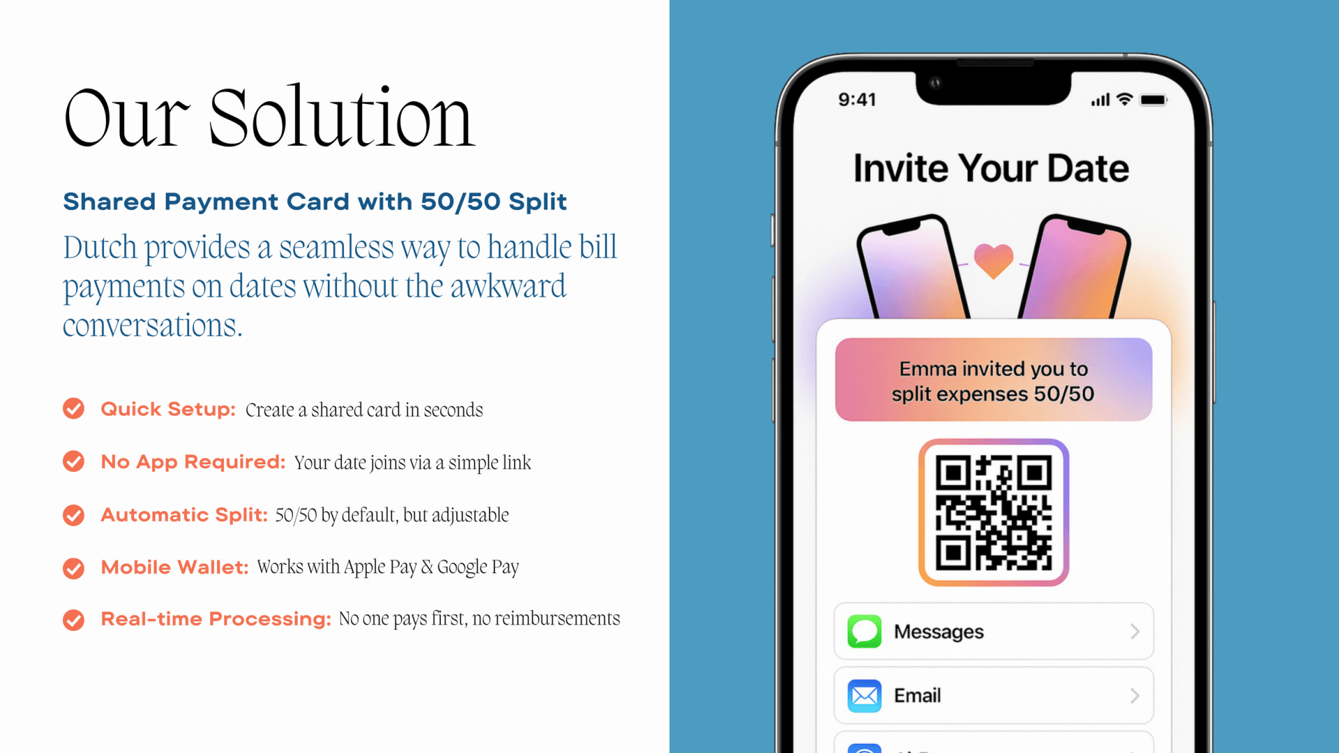Pitch slide "Our Solution" listing shared-card features beside a phone showing an "Invite Your Date" screen with a QR code
