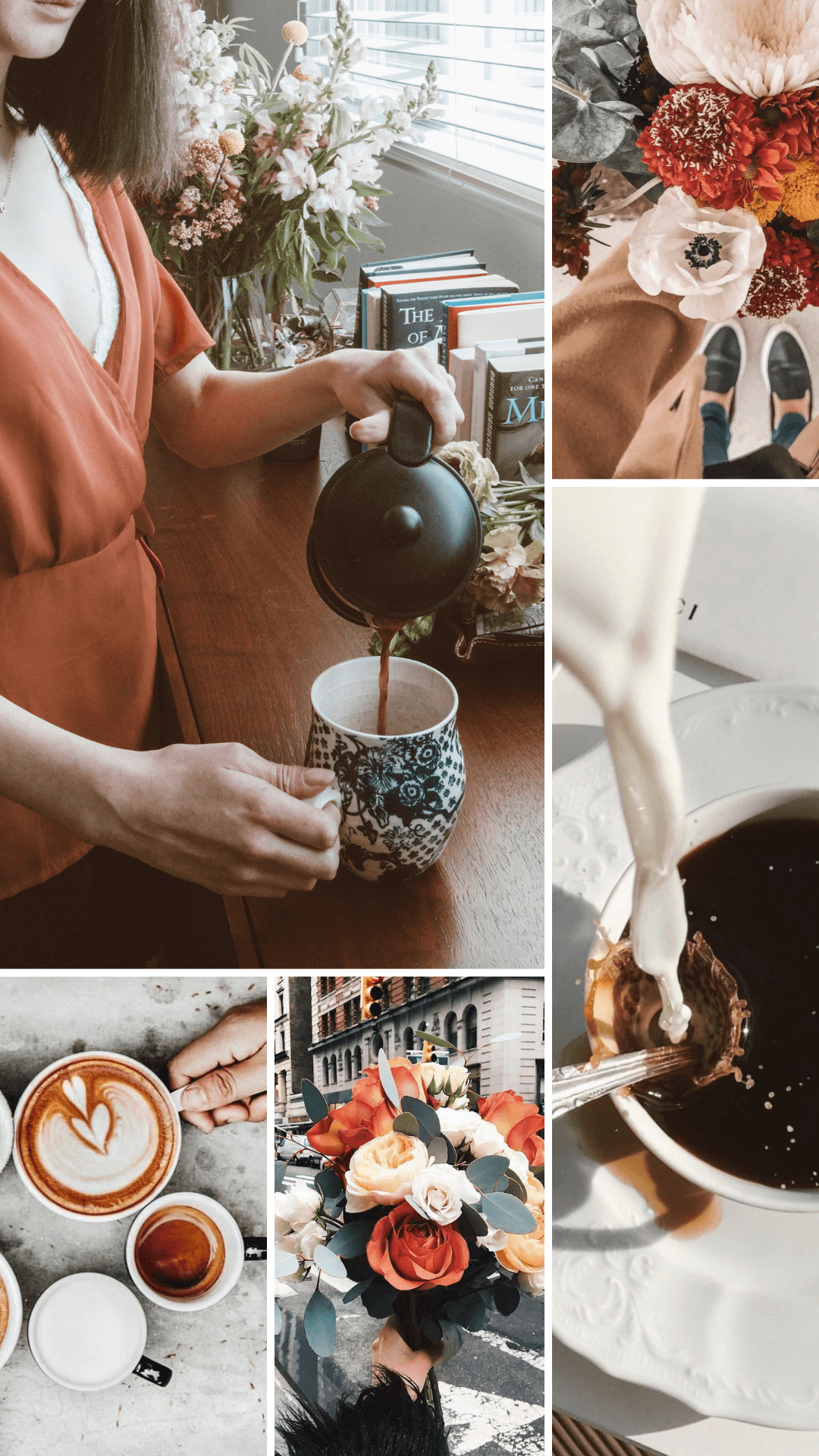 Petalfox social collage: woman pouring coffee, latte art, milk poured into coffee, and a rose-and-eucalyptus bouquet.