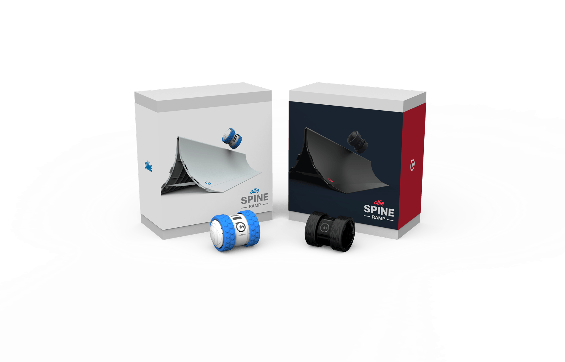 Two Ollie Spine Ramp boxes, one white-and-blue and one black-and-red, each with a matching Ollie robot in front.