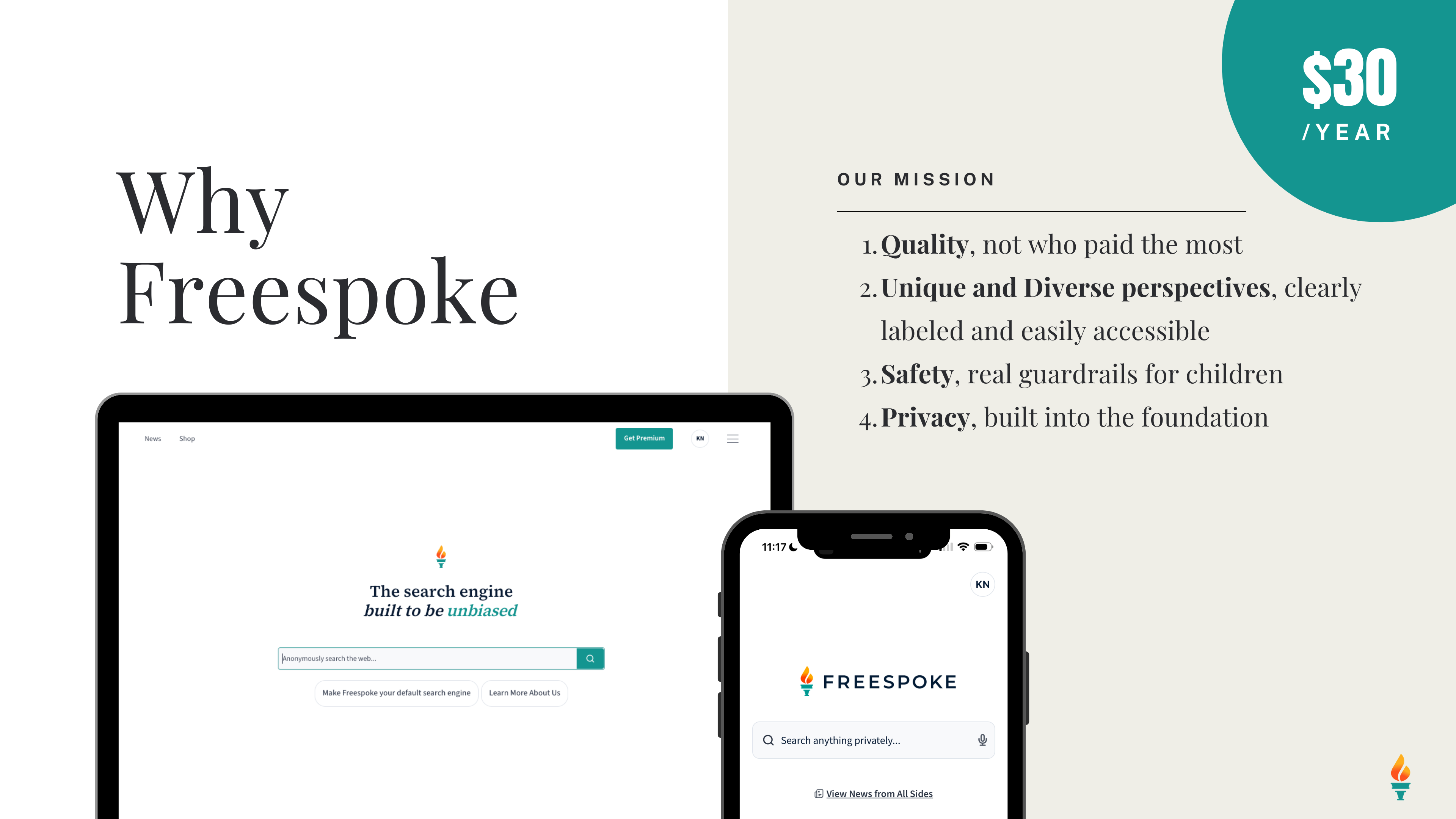 Freespoke slide: laptop and phone showing 'unbiased' search engine, mission list, $30/year price