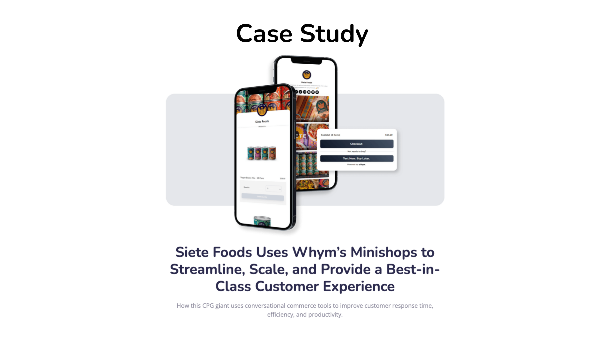 Case Study slide: two phones showing a Siete Foods Whym minishop with checkout and 'Text Now. Buy Later.' options