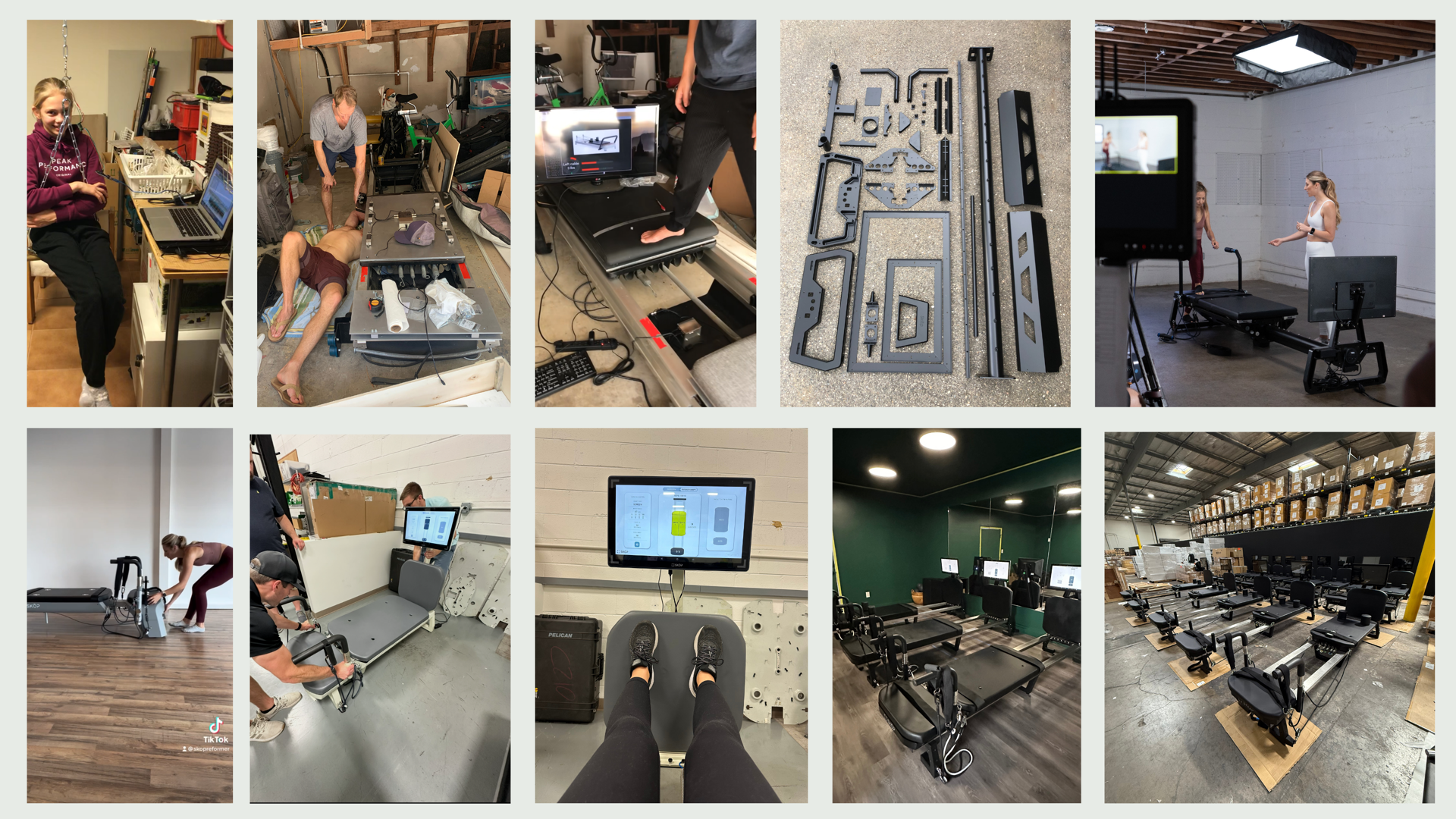 Ten-photo collage of Skop reformer development: garage prototyping, machined parts, users testing, and a warehouse of units.