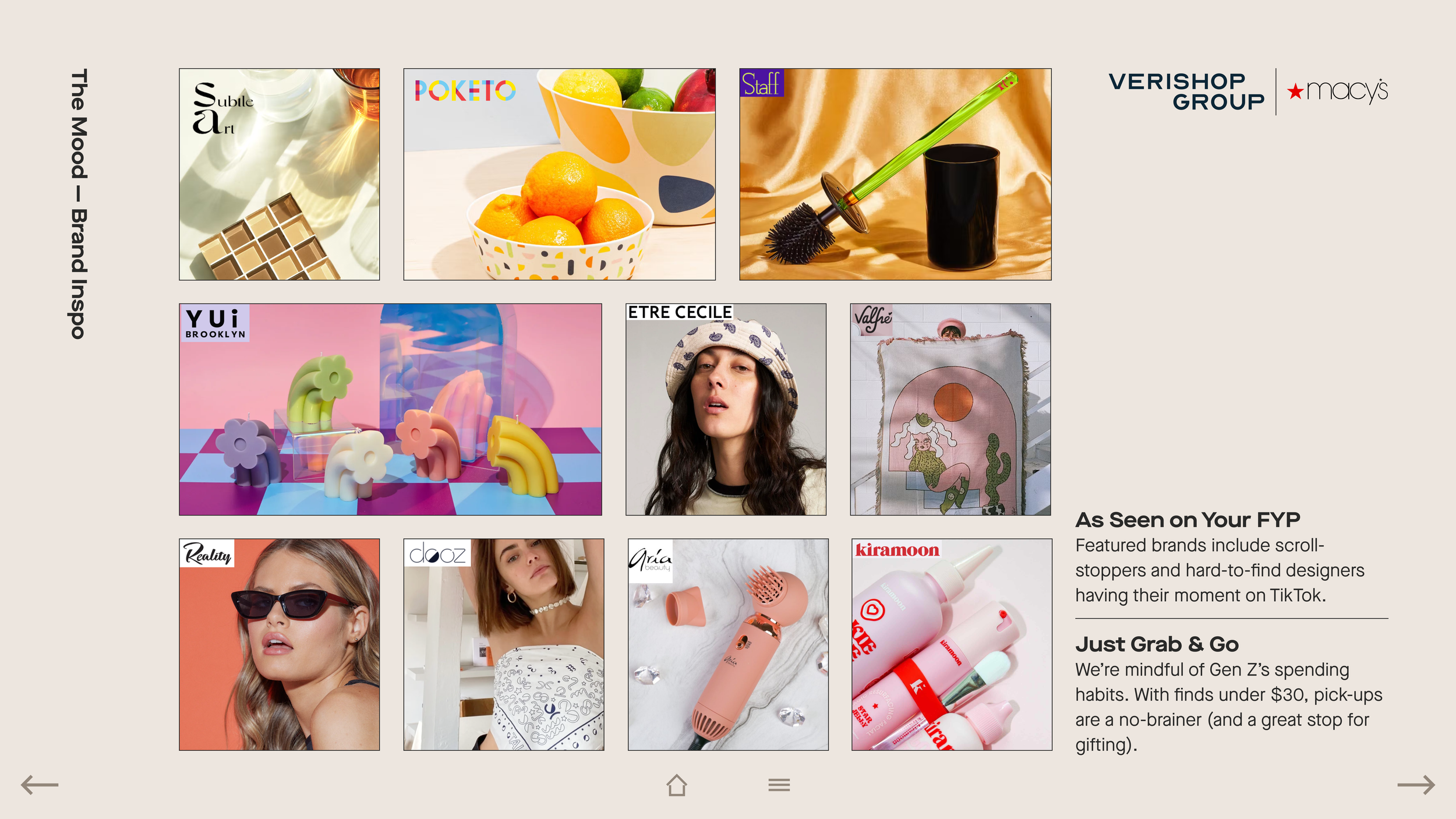 Verishop x Macy's "The Mood - Brand Inspo" grid of indie brand product photos with "As Seen on Your FYP" copy.