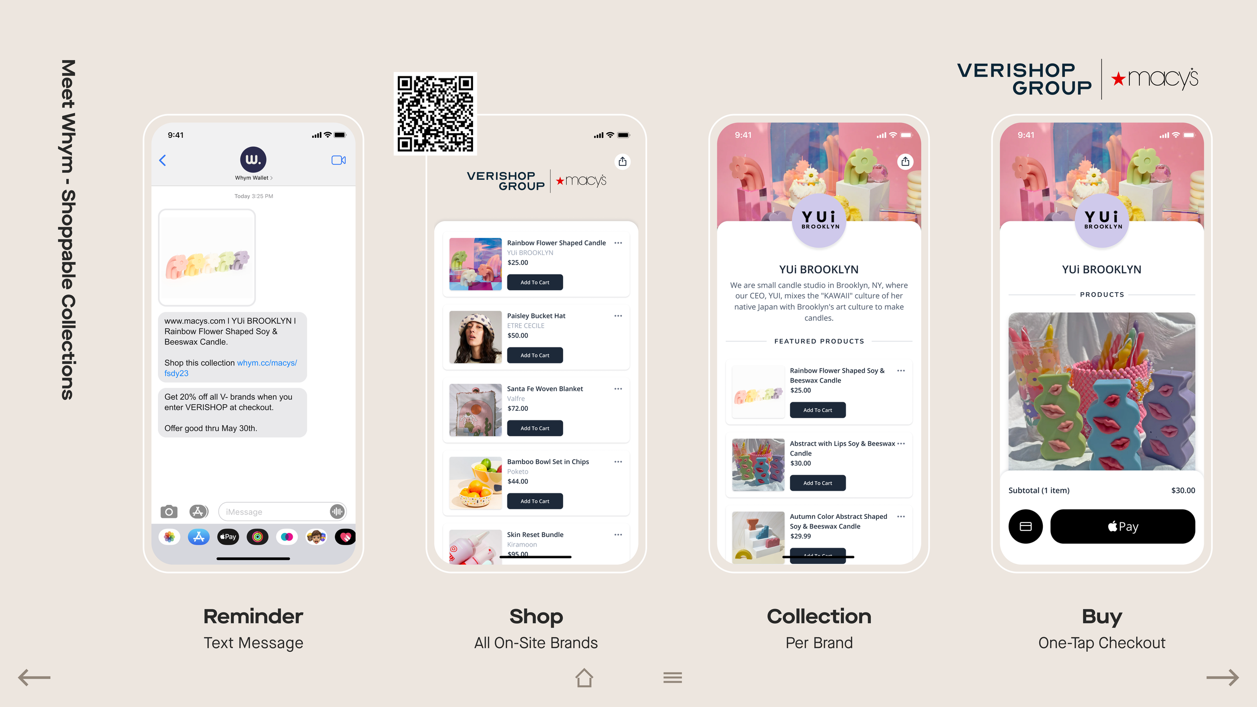 Whym shoppable collections flow: phones showing a text reminder, brand shop list, YUi Brooklyn collection, and Apple Pay checkout.
