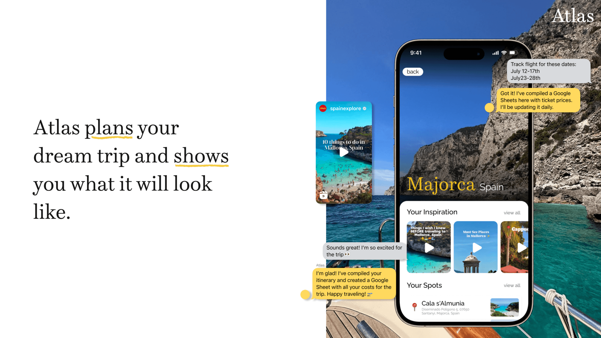 Atlas app slide: phone on a coastal photo showing a Majorca, Spain trip screen with inspiration and spots