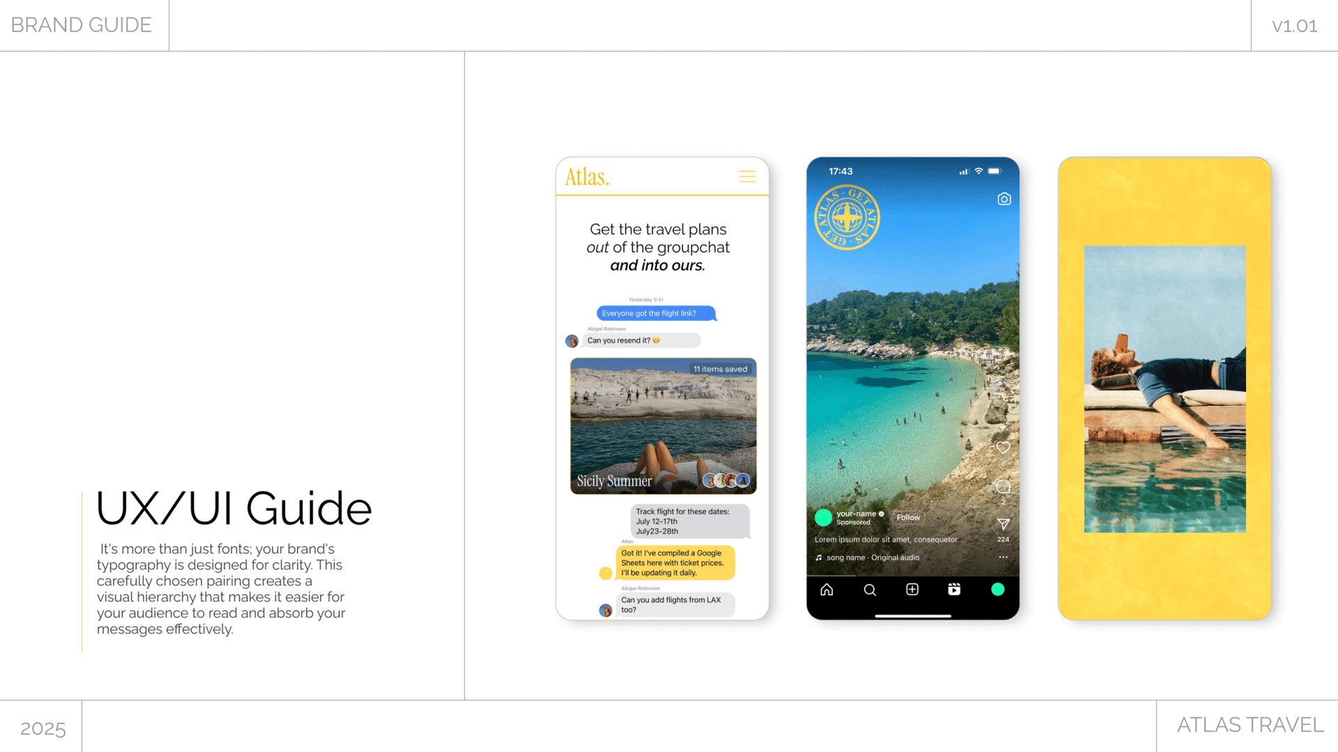 Atlas brand guide 'UX/UI Guide' page with three phone mockups of a travel chat app over beach photos.