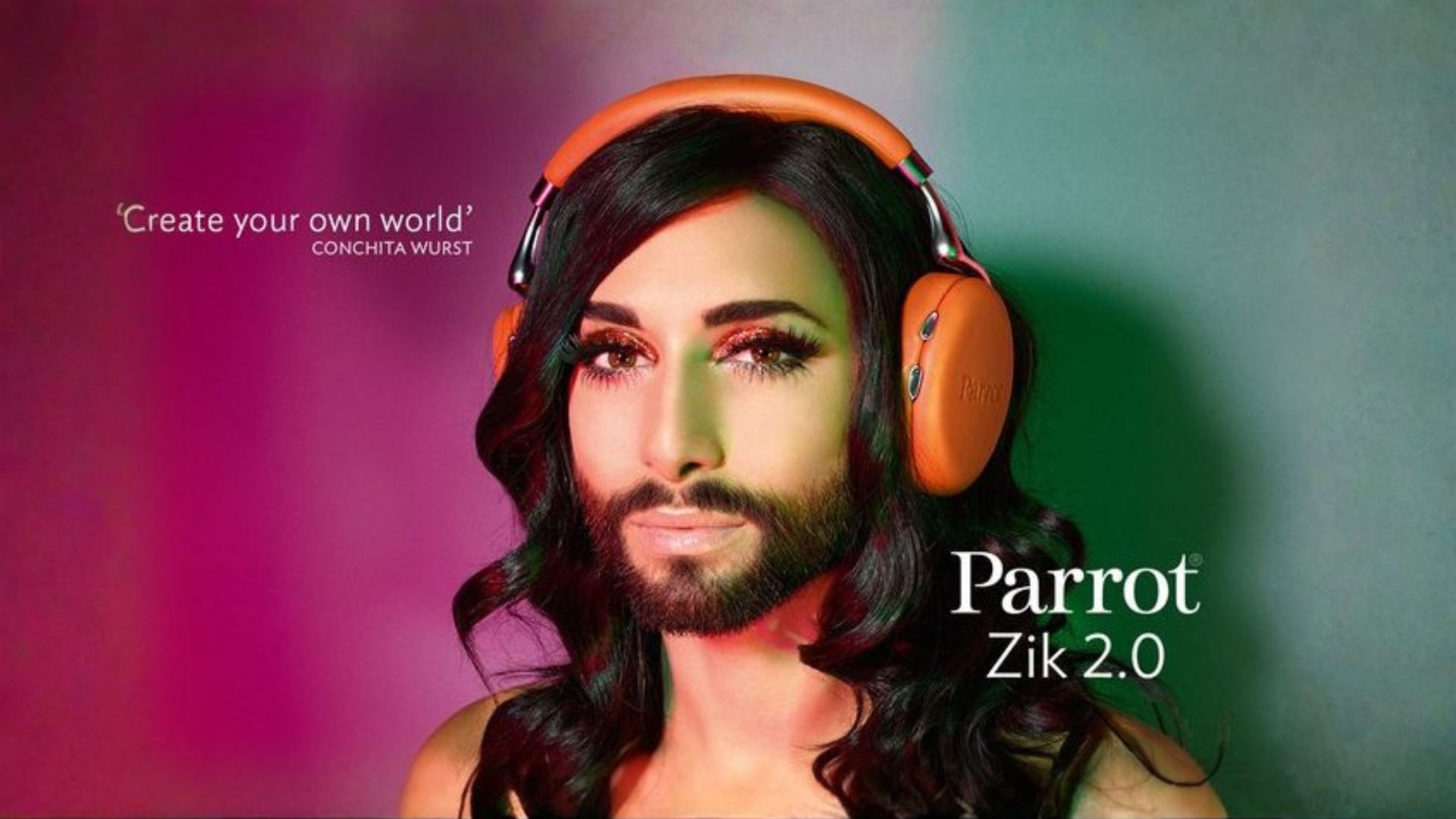 Person wearing orange Parrot Zik 2.0 headphones with text 'Create your own world' and 'Conchita Wurst'