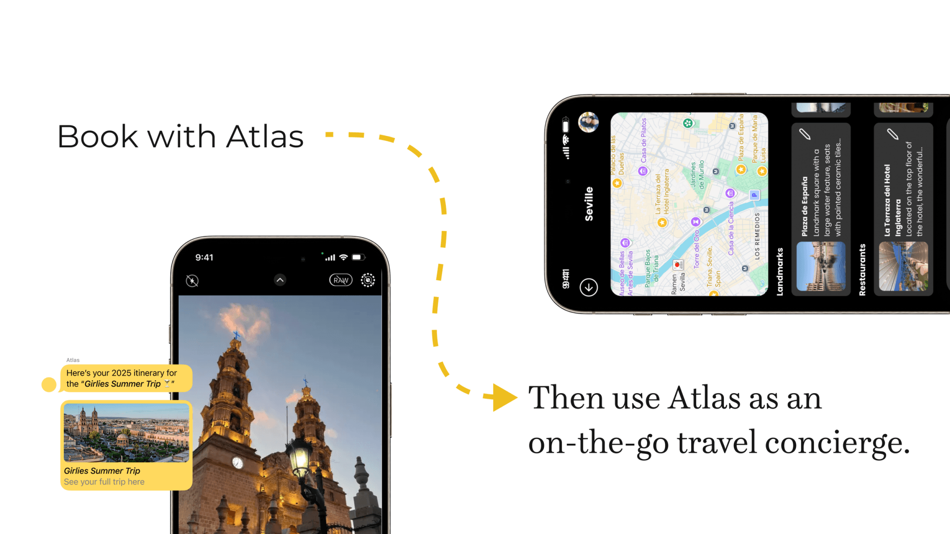 Atlas slide 'Book with Atlas': phone camera on a cathedral and a phone showing a Seville map with place cards