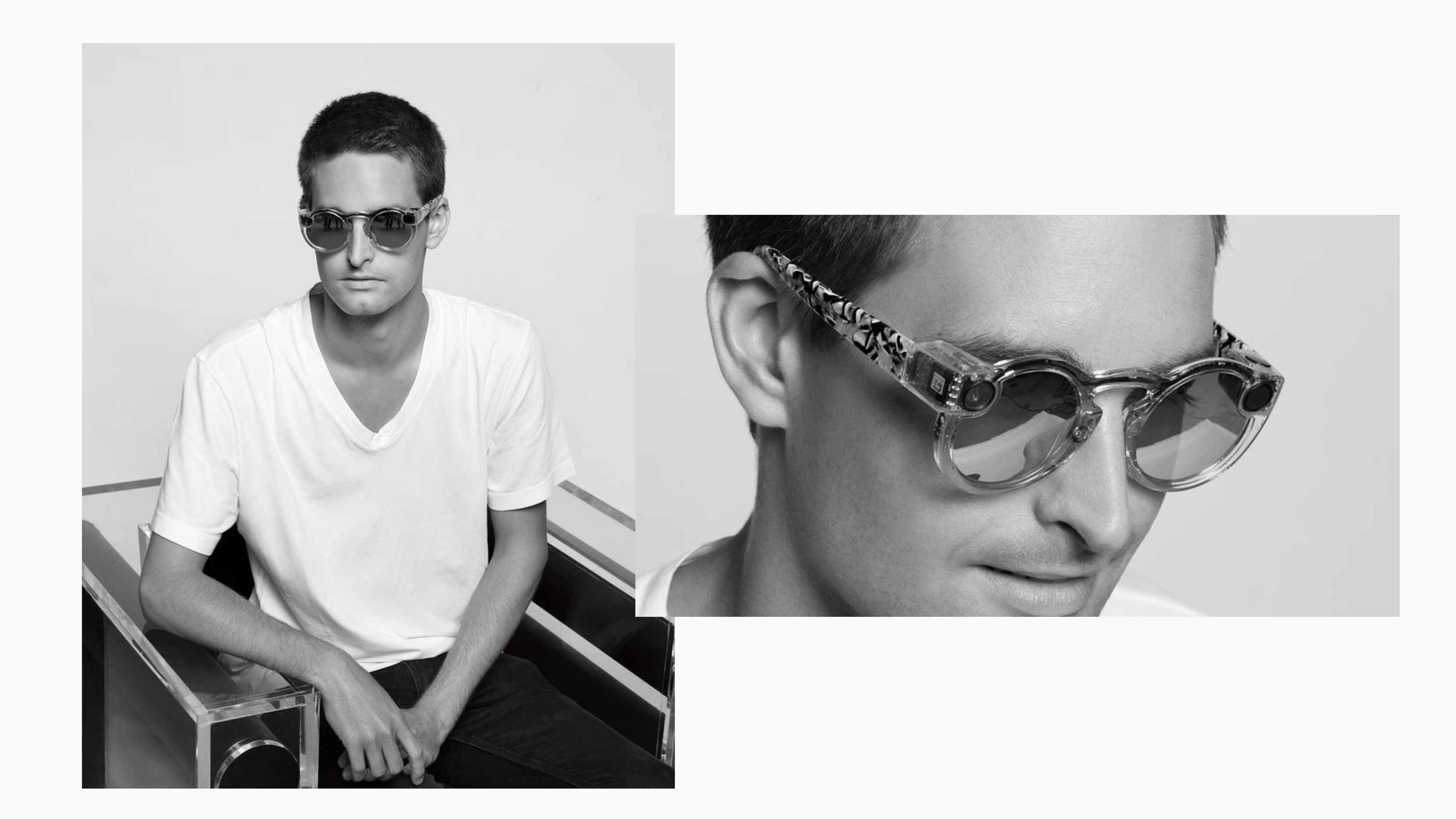 Black-and-white photos of a man in a white T-shirt wearing clear-framed Snap Spectacles camera glasses