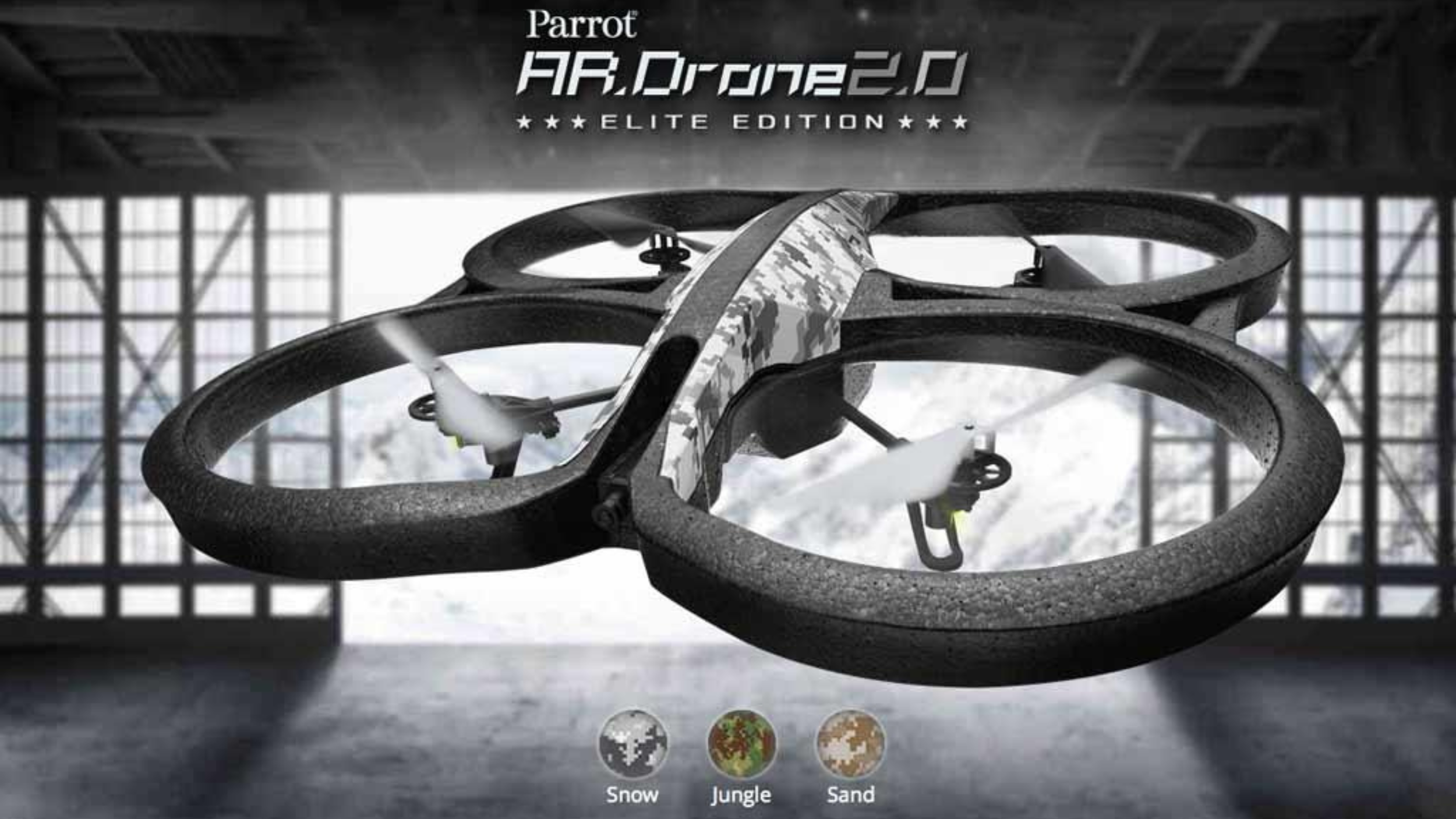 Parrot AR.Drone 2.0 Elite Edition in digital camo hull flying indoors, with Snow, Jungle and Sand camouflage swatches below