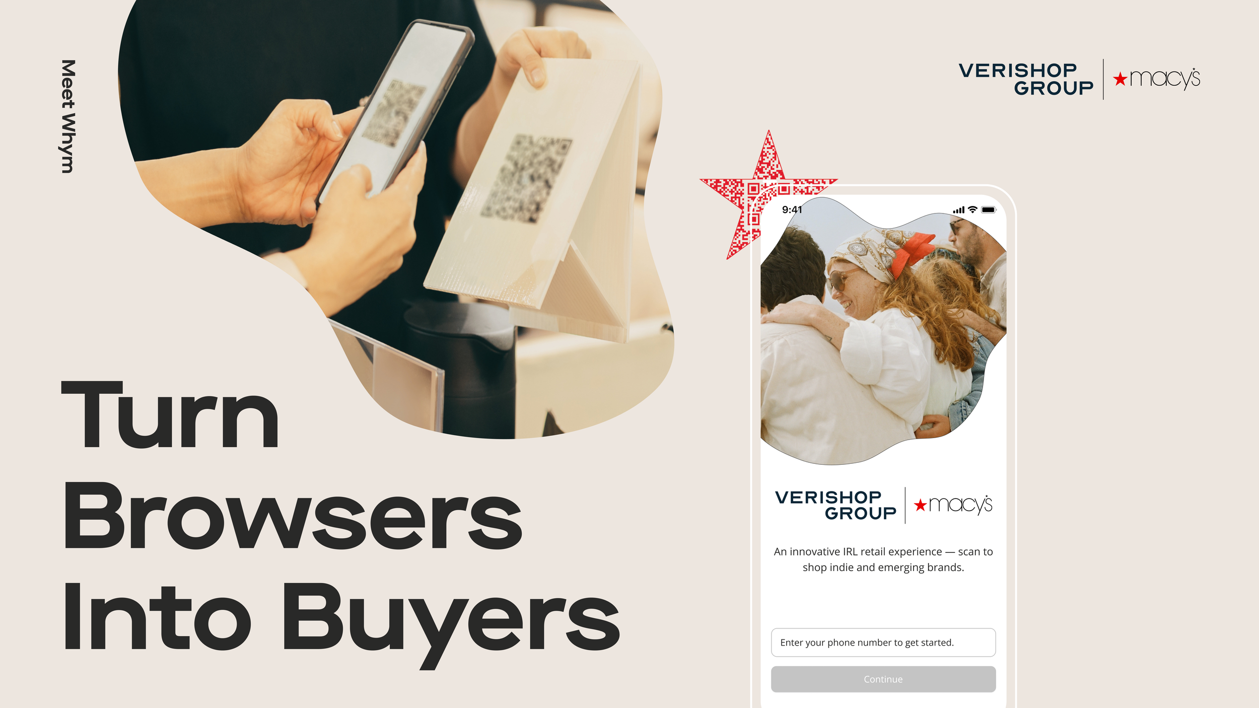 "Turn Browsers Into Buyers" slide; hands scanning a QR code with a phone, and an app screen with Verishop Group and Macy's logos