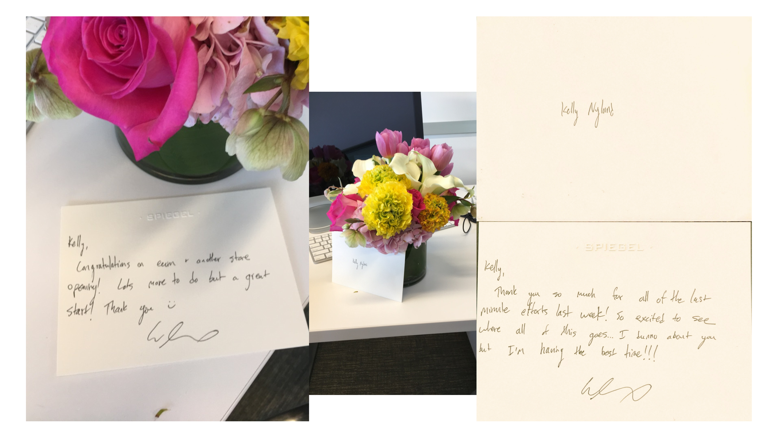 Handwritten Spiegel thank-you notes addressed to Kelly Nyland beside desk flower arrangements