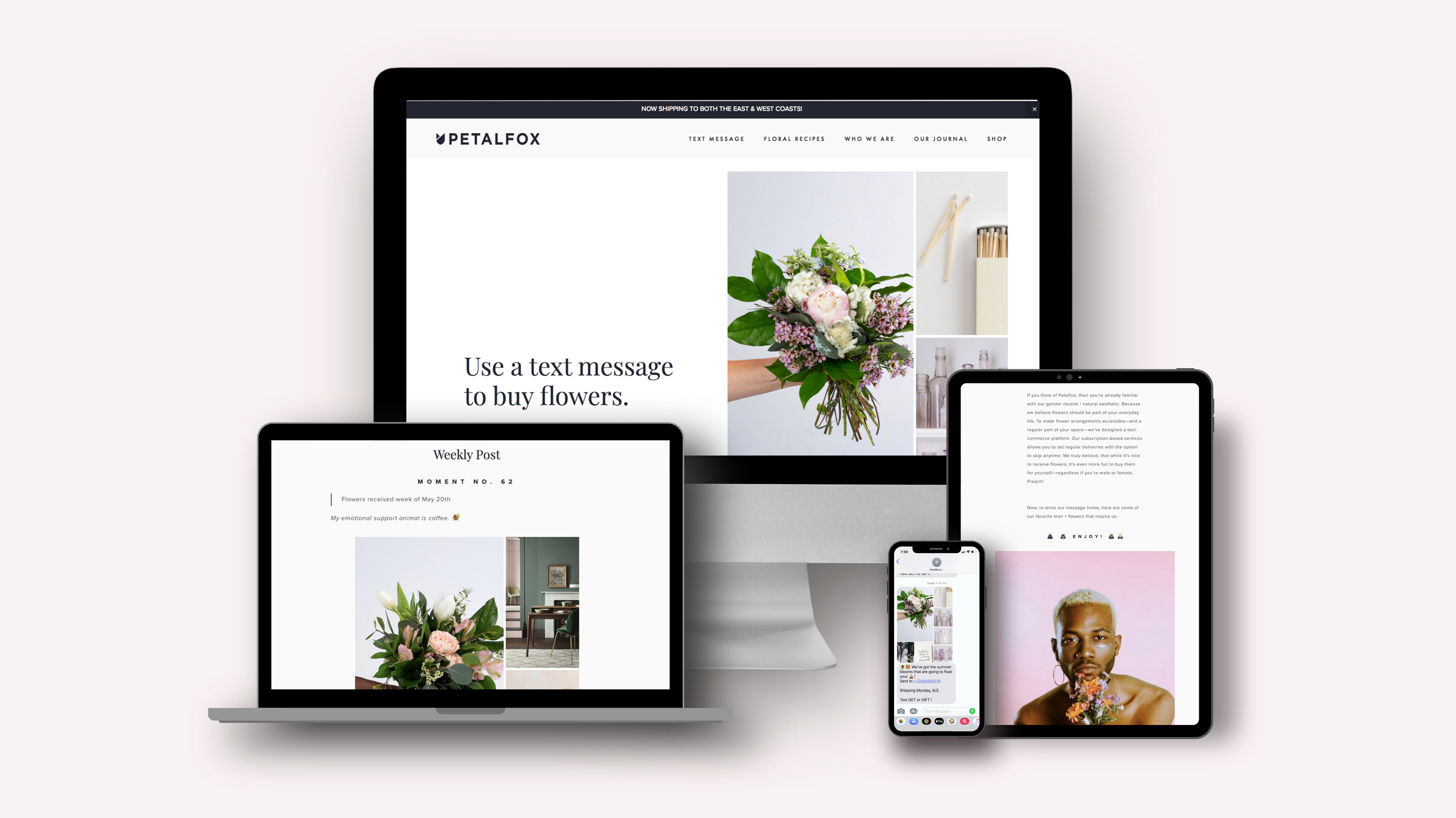Petalfox website 'Use a text message to buy flowers' shown on desktop, laptop, tablet, and phone screens