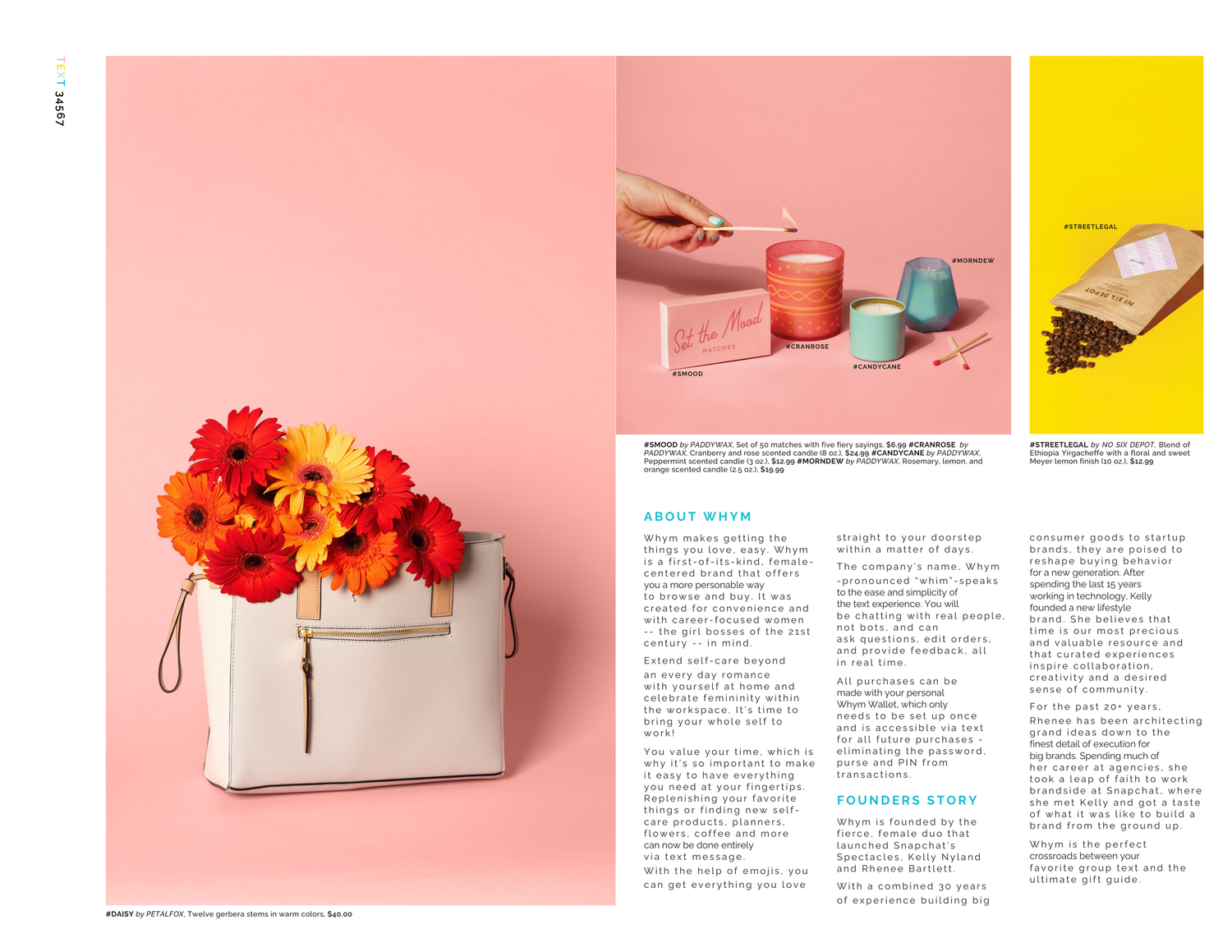 Whym catalog spread: cream handbag of orange gerbera daisies, scented candles, coffee bag, and About Whym text