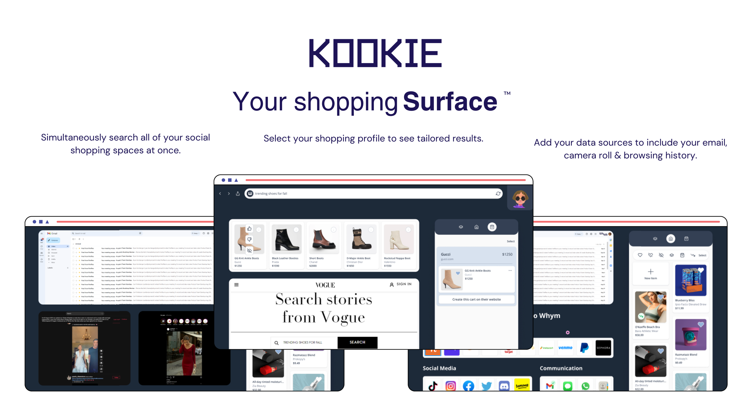 Kookie 'Your shopping Surface' slide with browser mockups of shoe search results, Gmail and Vogue feeds