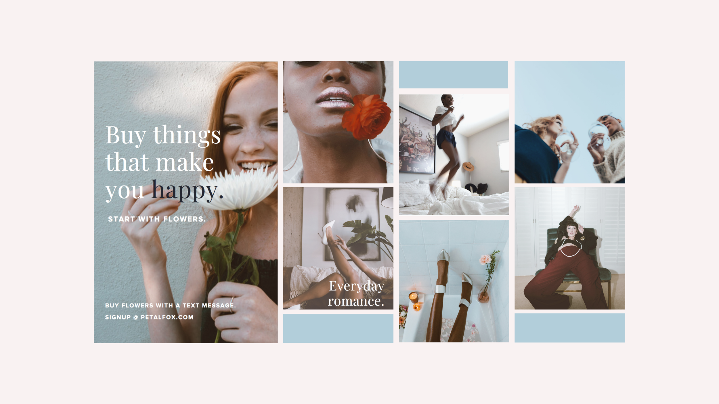 Petalfox ad collage of women with flowers, headline 'Buy things that make you happy. Start with flowers.'