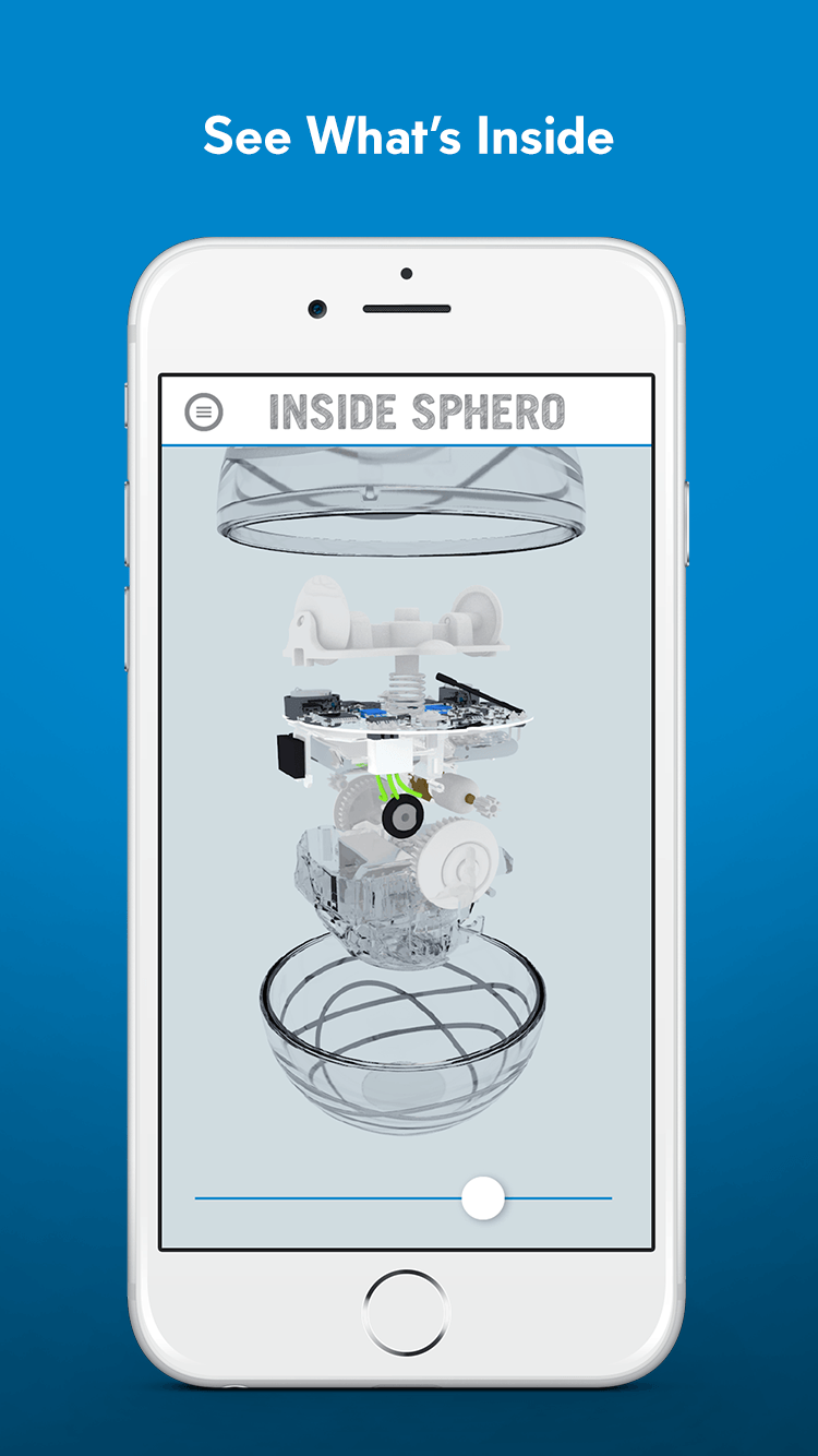 Phone showing 'Inside Sphero' exploded 3D view of the robot's clear shell, circuit board and gears