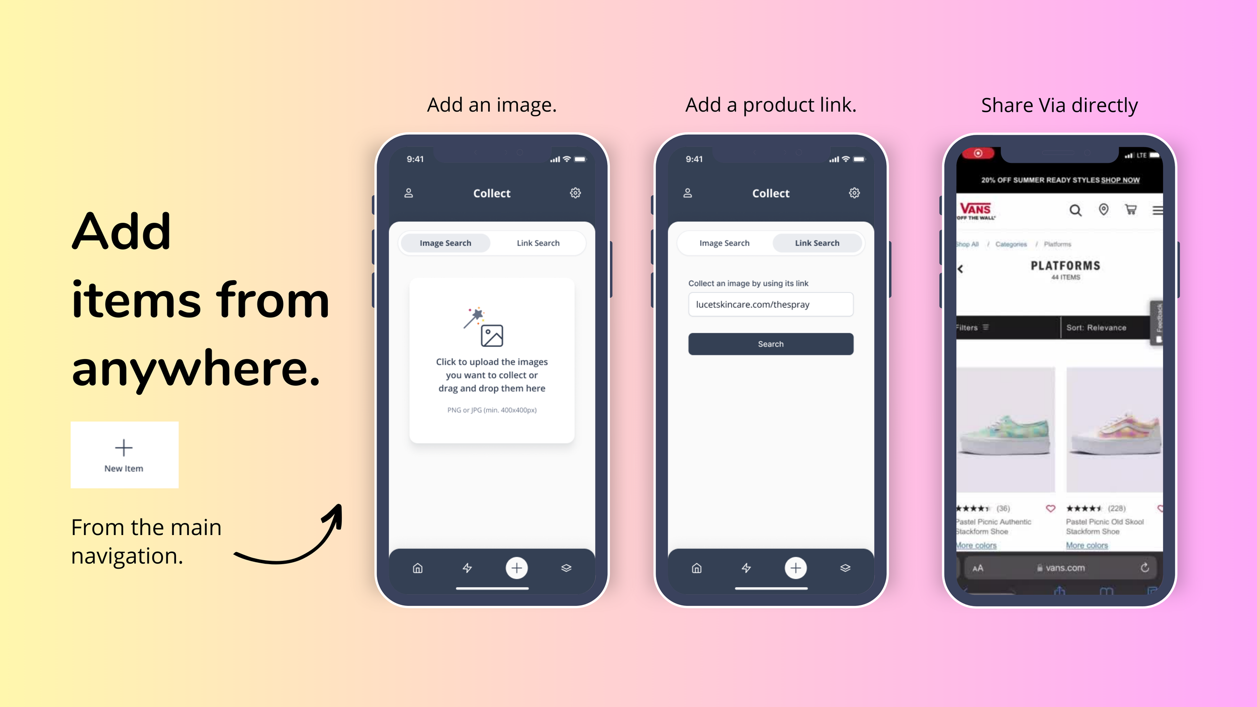 Three Whym app screens under "Add items from anywhere": image upload, link search with a product URL, and a Vans store page shared via the app