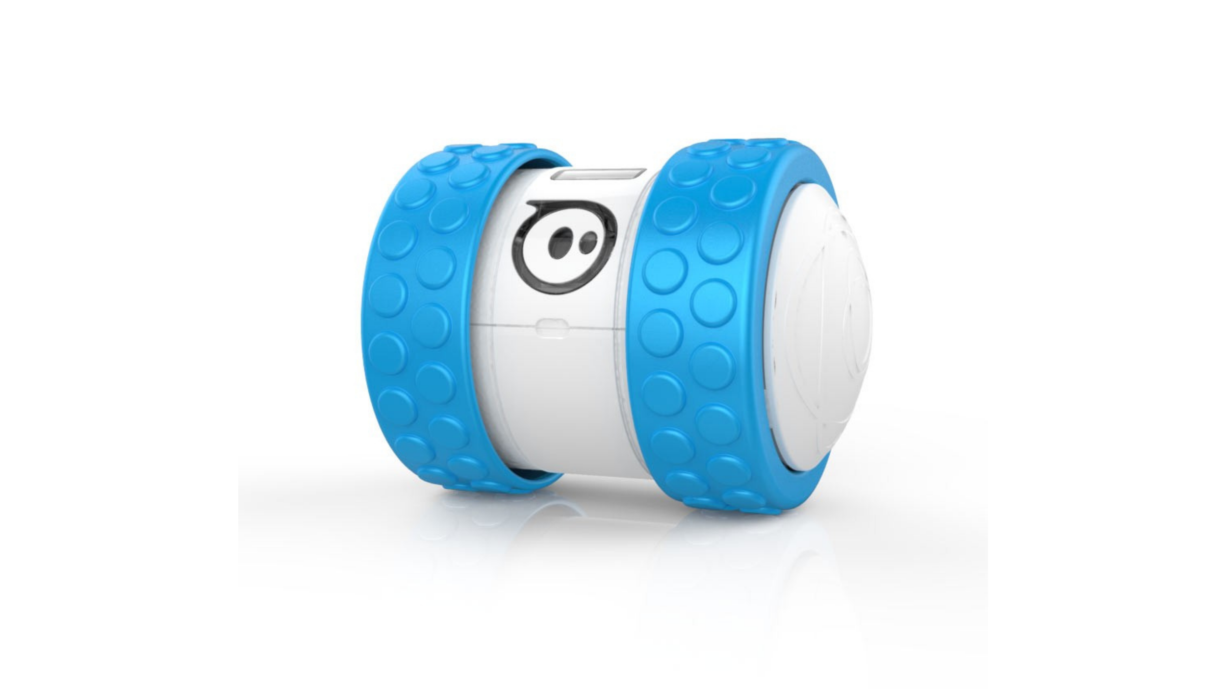 Sphero Ollie robot with white cylindrical body and blue textured tire hubs on a white background