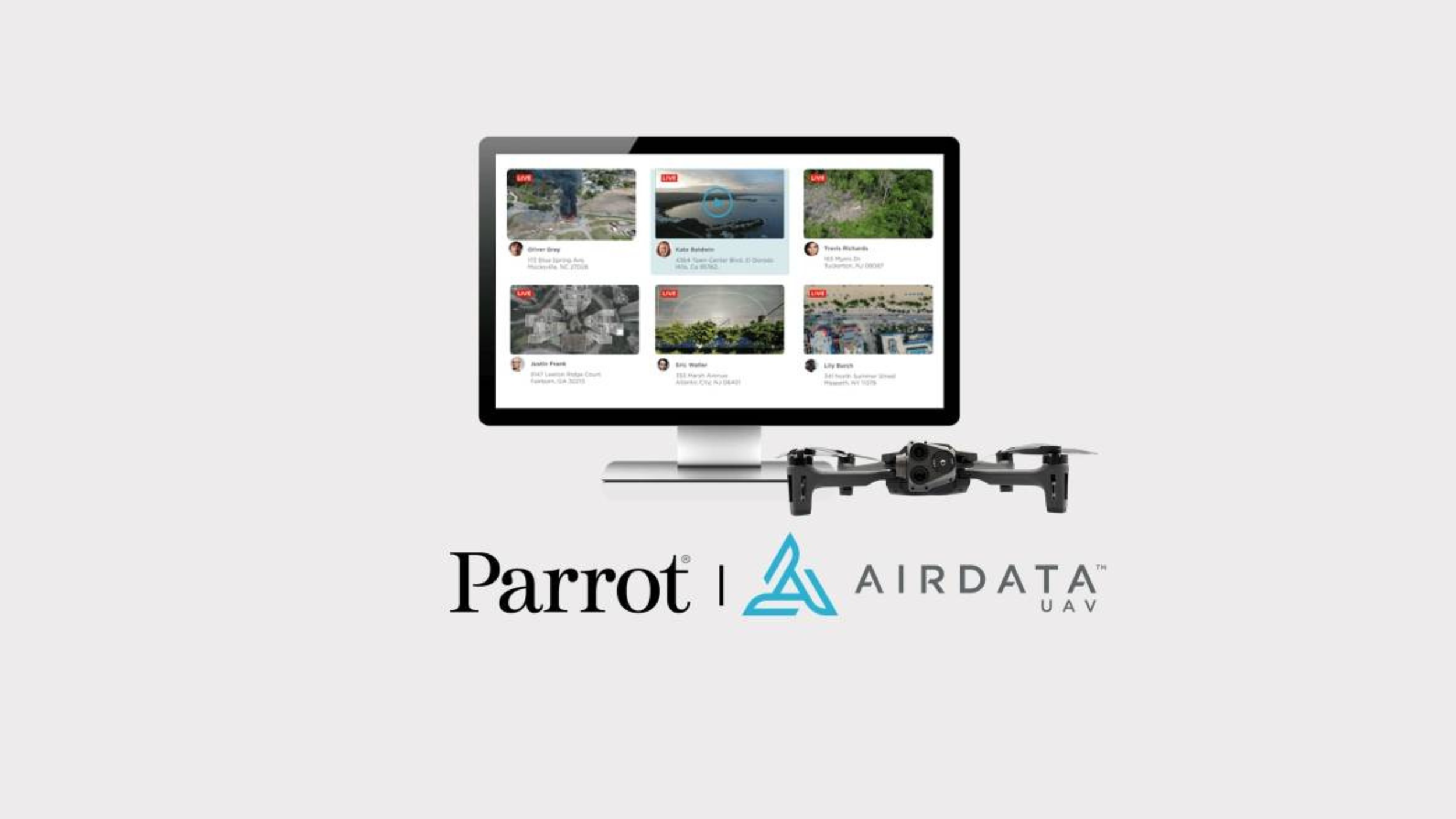 Monitor showing a grid of six live aerial drone streams with pilot names and addresses, a Parrot ANAFI drone beside it, and Parrot and Airdata UAV logos