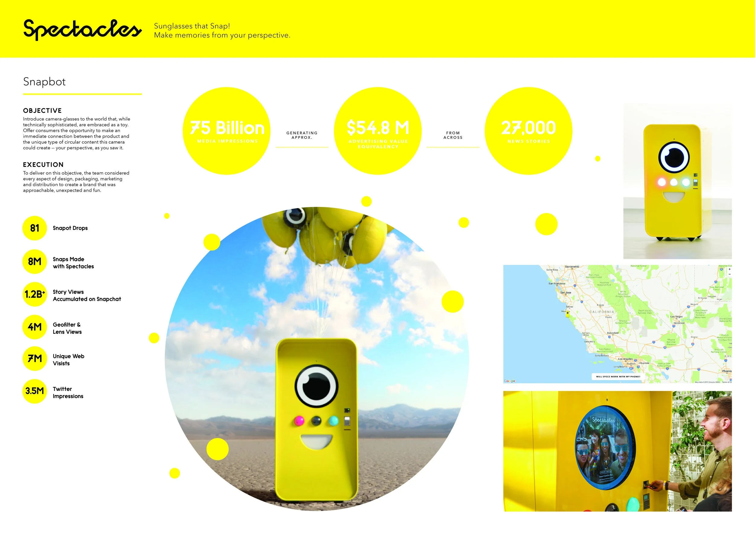 Spectacles Snapbot slide showing the yellow vending robot in the desert, a California drop map and a user at a machine