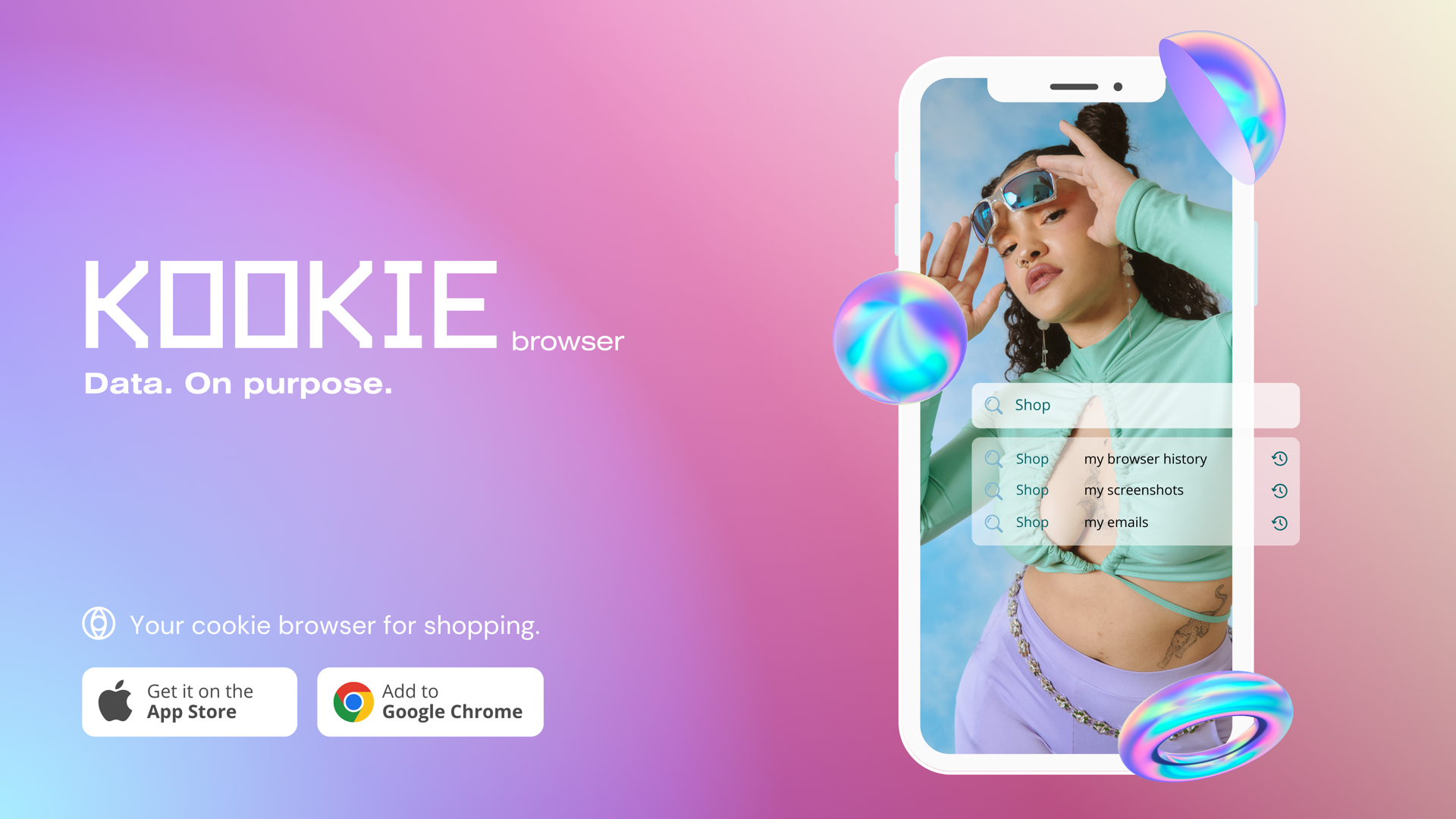 Kookie browser home screen: 'Data. On purpose.' with a woman on a phone and Shop search suggestions